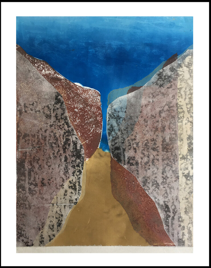    Through the Gateway   You never know what is on the other side. This print was inspired by a hike through a slot canyon. Monoprint Chine Colle ~ 20 x 15 inches, 1/1   $140   
