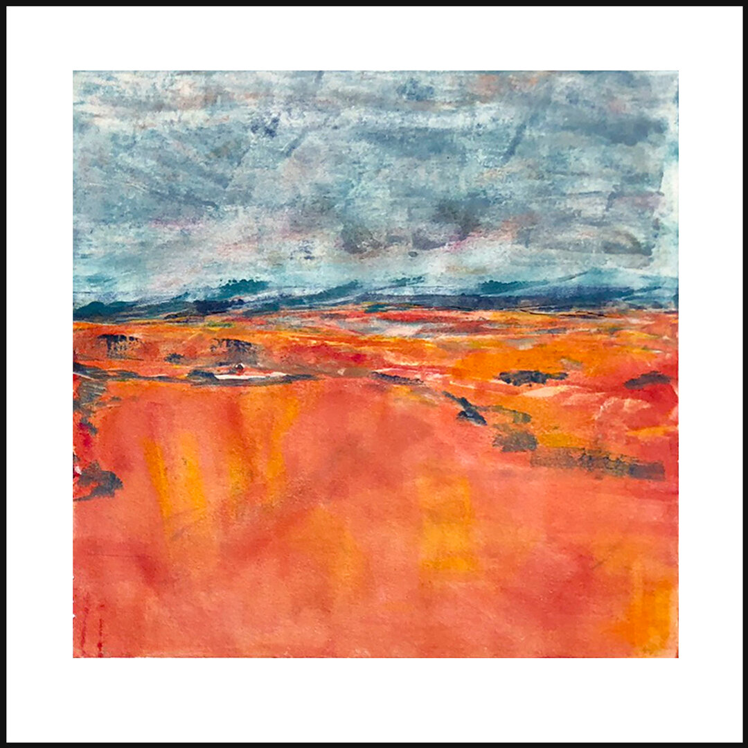    “Solitude is Sacred”   is meant to reflect those moments in time that belong to only you, a solitary hike perhaps…it is just the element of time and all for you.     A mixed media monotype measures 8 x 8”   $60 -  pairs well with “Space to Share” 
