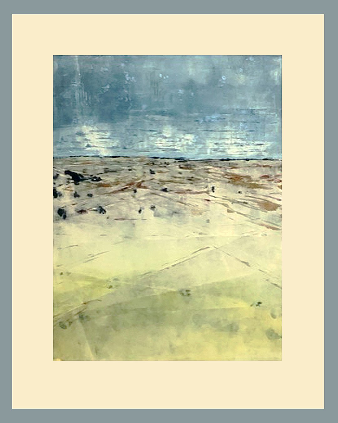    Playa  , was inspired by a trip to Summer Lake. Summer lake is an intermittent high-desert lake in Lake County, Oregon.  Custom Framed/Matted in a light blue wood frame @ 24 x 20 Mixed Media Monotype,1/1   $435    