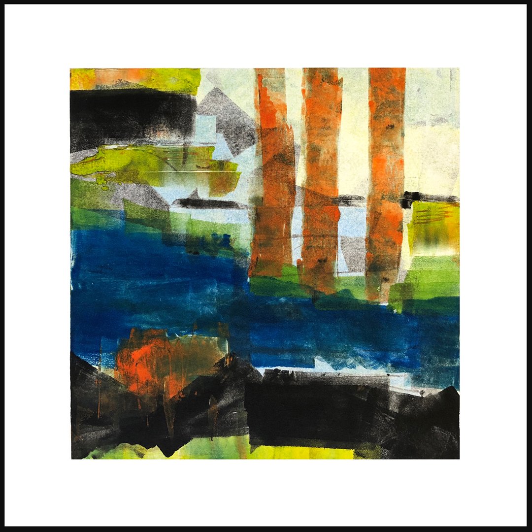   "Without End"  from land to sea the river flows to the sea. 15 x 15” Framed, Monotype, 1/1   $340   