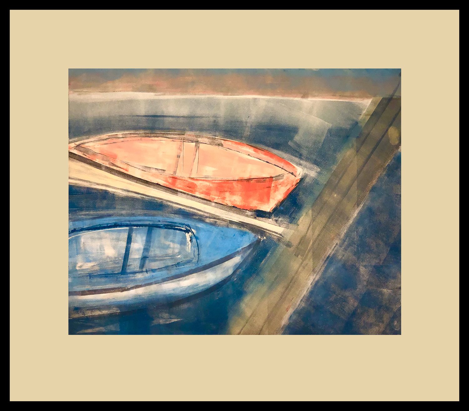    We’re in the Same Boat    Alluding to the risks of passengers in a small boat…at sea, at the dock or in life. If we work together the risk diminishes. Printed on cream BFK paper,  20 x 23” Custom Framed/Matted, Monotype, 1/1   $410 - SOLD  