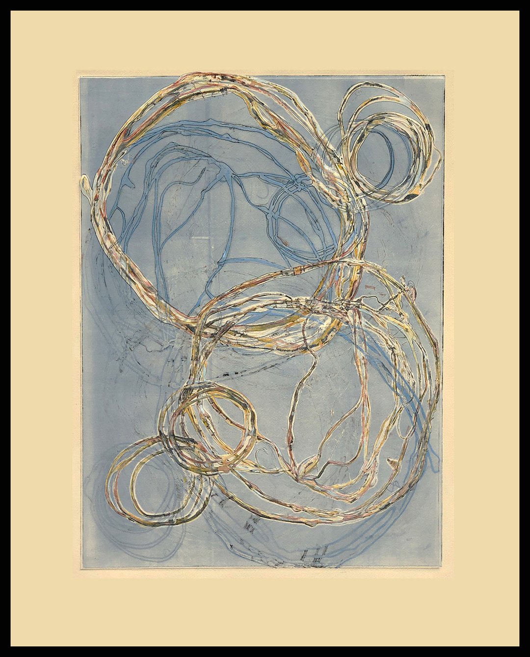    Entwined    The past and the present are interwoven revealing the stories of a lifetime.   Monotype with mixed media, custom mat and dark gray wood frame 34 x 26.5,” 1/1   $965 - SOLD  