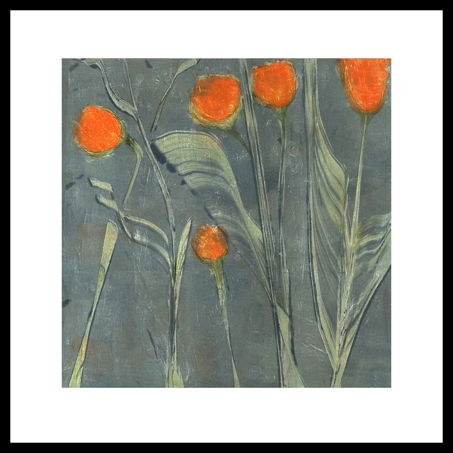 Bloom Where You Are Planted The French have a saying from the 15th century, “Fleuris la ou tu es plantee”, which means, “Bloom where you are planted.” 16 x 16” plate size, floated and framed in a gray metal frame @ 21 x 21” , mixed media monoty