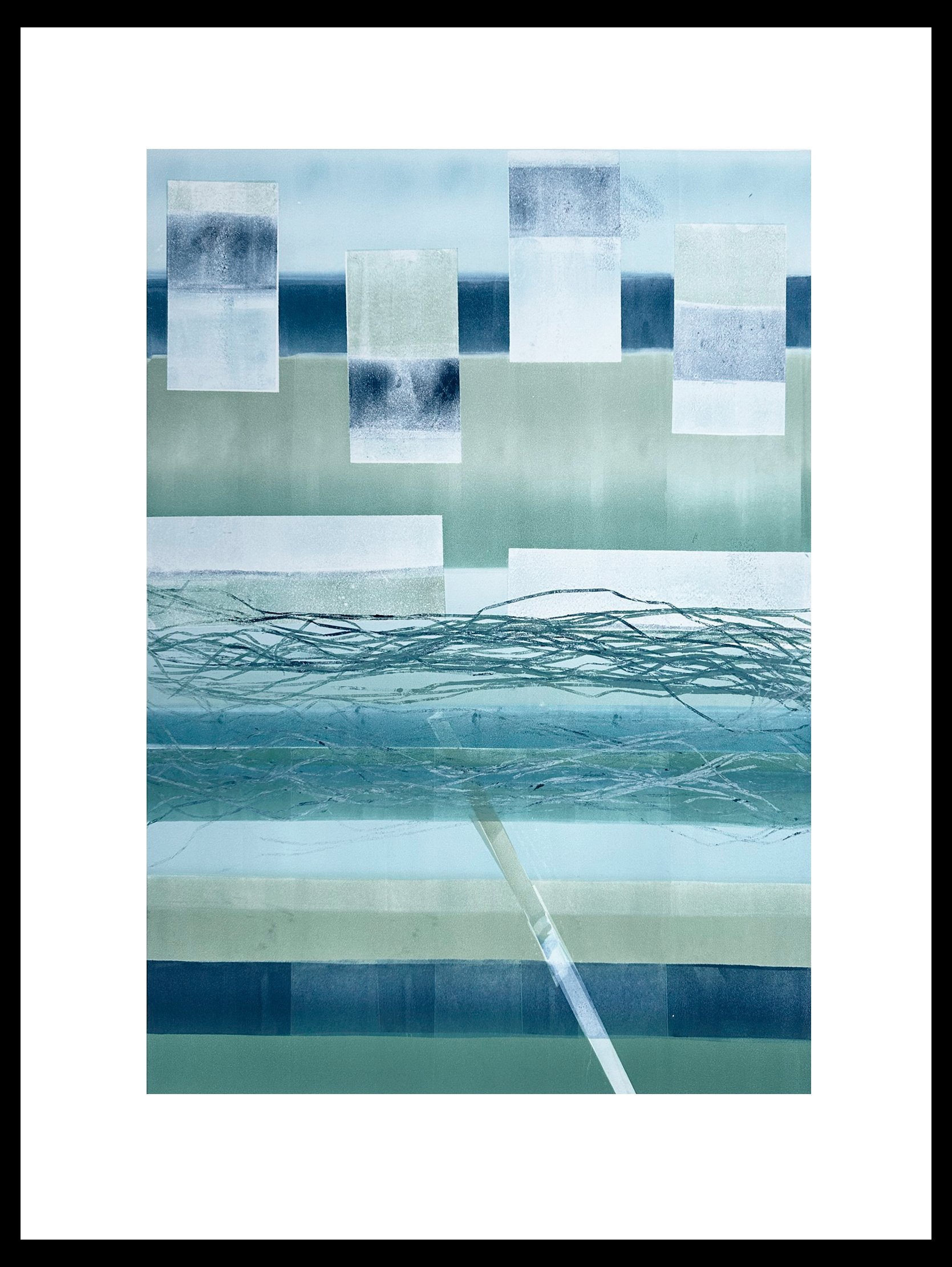   "The River's Melody" &nbsp;(monotype) through the interplay of color and form, this abstract imagery presents the rhythm of a river. The deep blues and greens, reminiscent of cool, refreshing water offer a visual symphony. Take time, slow down, los