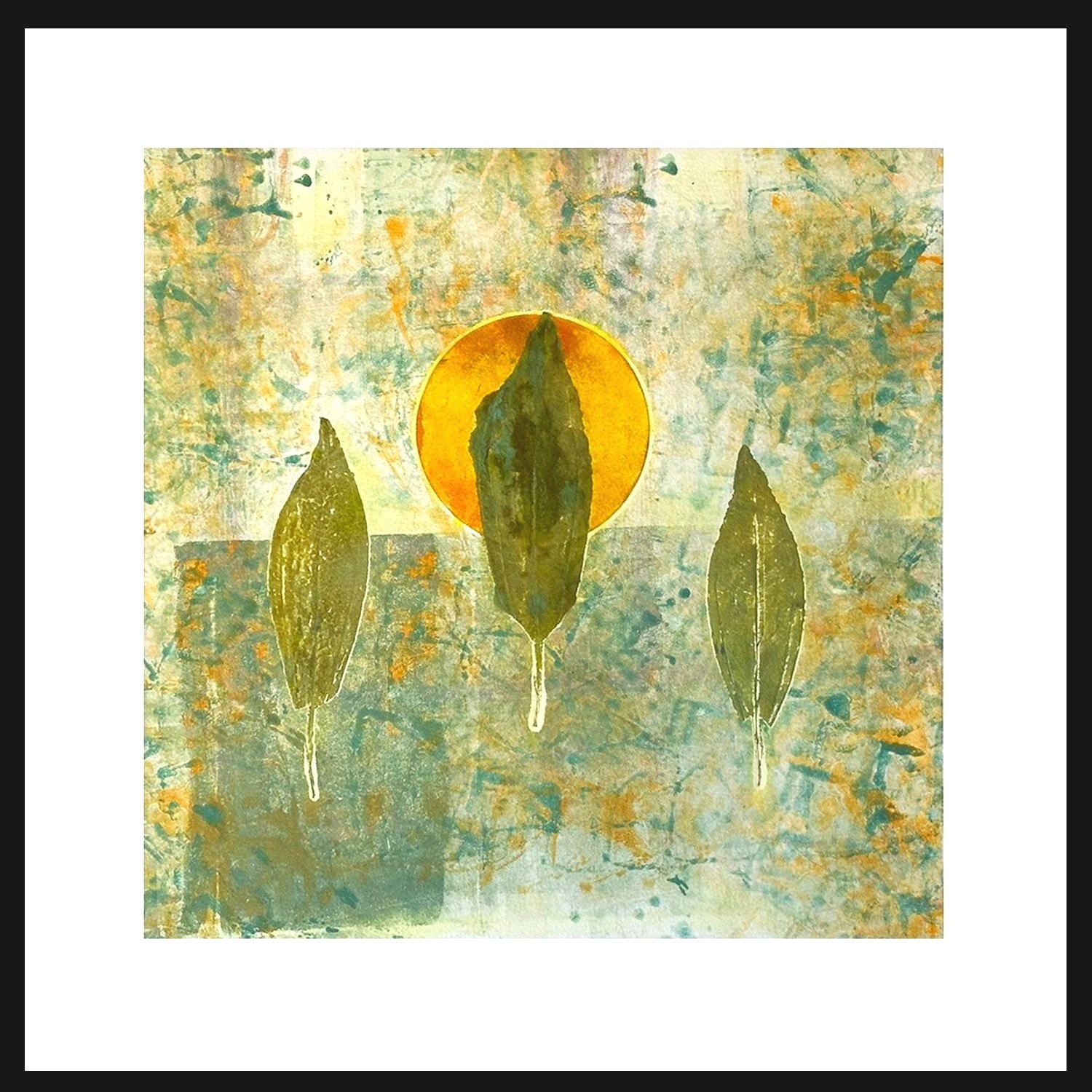   "Quiet Confidence"  is a unique monotype, with a plate size of 12 x 12 inches. It is elegantly matted and presented in a slender, complementary gold metal frame, measuring 20 x 19.75 inches. Radiating brightness and cheerfulness, this artwork is a 