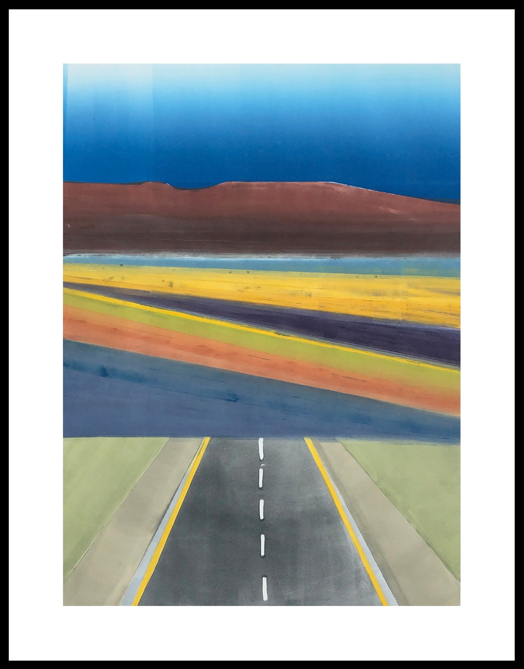    Wide Open Roads   Sometimes the road calls and a car trip is a must.  This image was seared upon my brain as we traveled to Eastern Oregon. I looked up and the road dropped away. I had to create it! Plate size 26 x18, Unframed 1/1   SOLD  