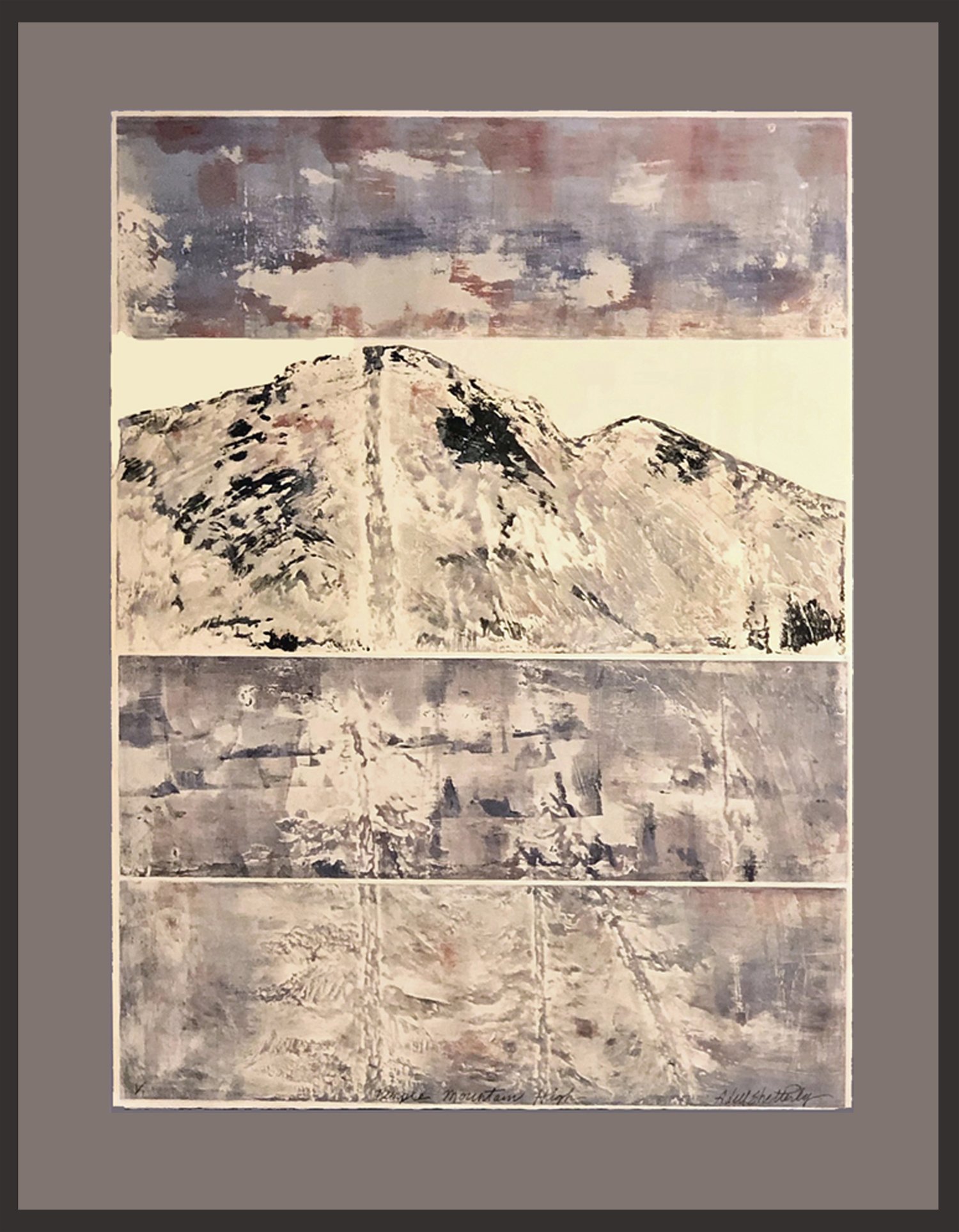    Purple Mountain High  . Mountains glow while enveloped in colors of the morning sunrise. 4 plate collagraph. Floated and framed, 30.5 x 22 .5 inches. On cream BFK Lightweight. 1/1   SOLD  