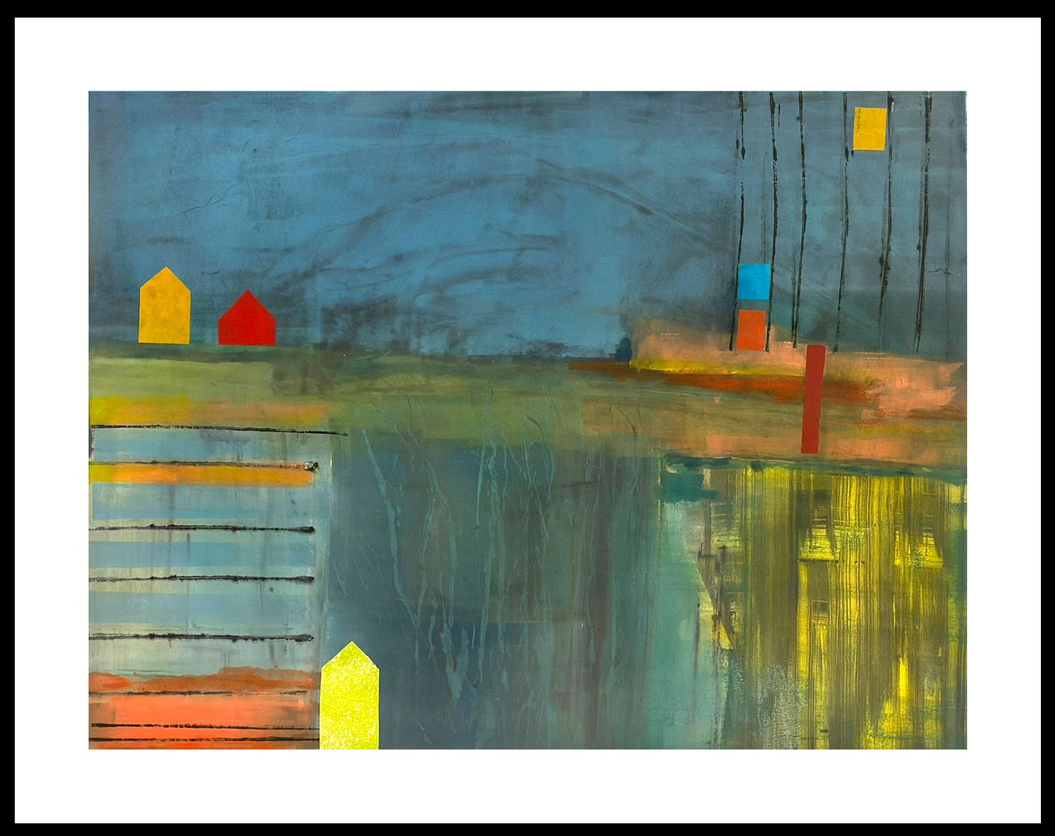    All Around the Neighborhood   takes me back to carefree days of childhood where the neighborhood kids would go from house to house. Mixed Media Monotype, Plate size 18 x 24”, custom mat and navy blue wood frame, 27.5 x 33”  1/1   SOLD  