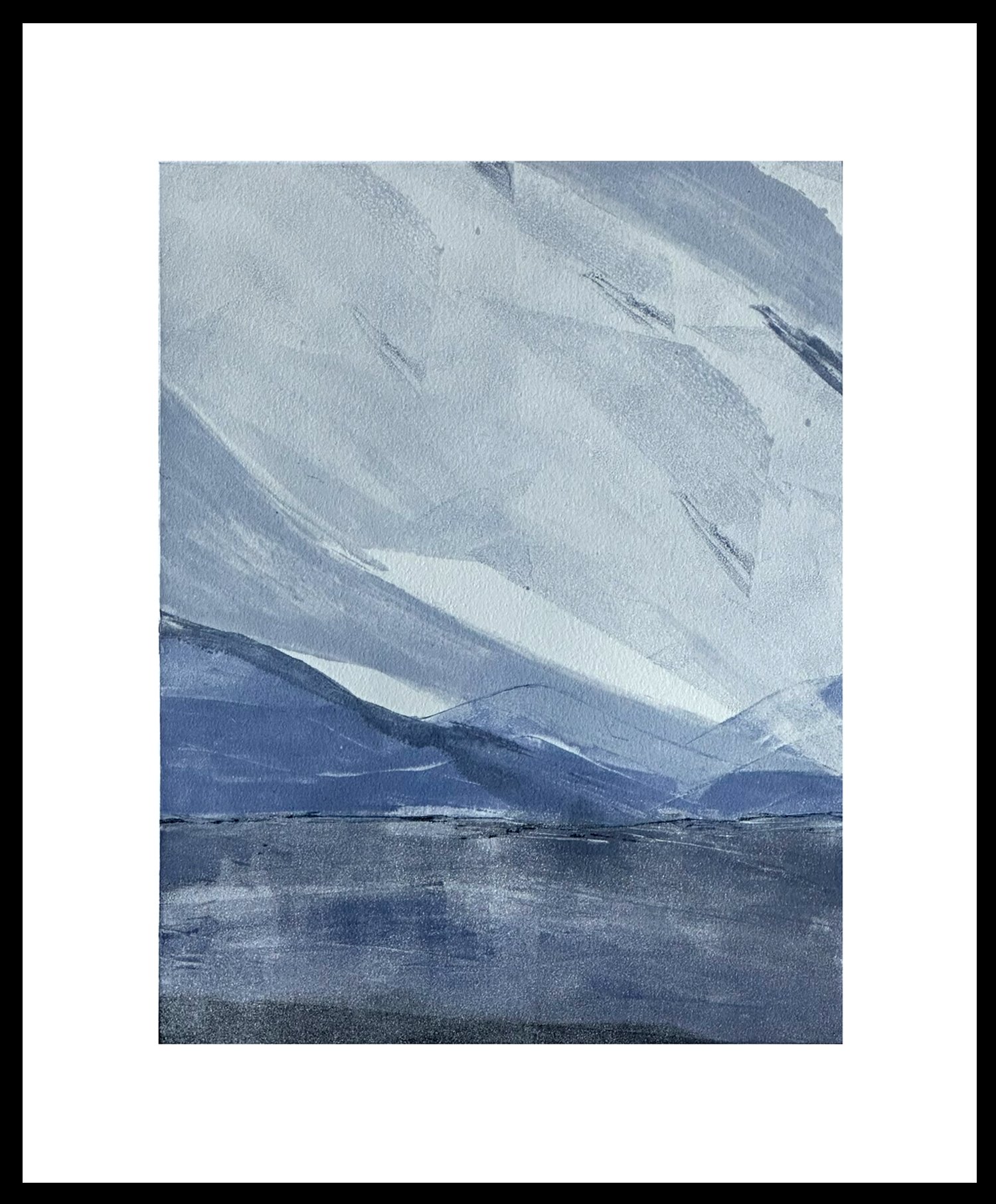   Sail Away With Me   invites you on a serene escape. This monotype with its muted tones and swirling textures captures the tranquility of a lone sailboat resting on a calm lake. Let the artwork inspire you to dream of faraway adventures and the pea