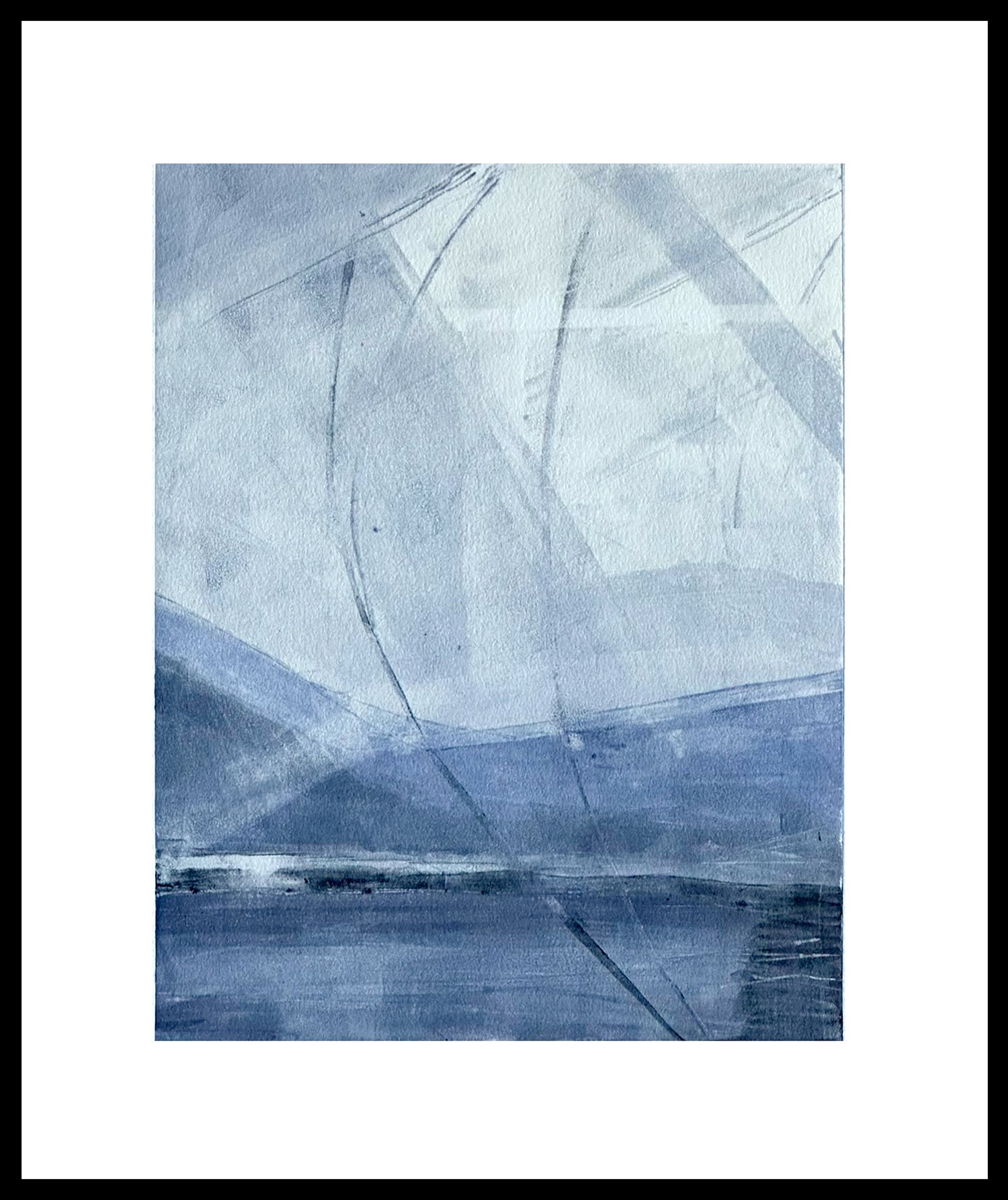    The Grand Sail    "The Grand Sail" captures the drama of a lone sailboat racing across a vast expanse of water. One can almost hear the roar of the waves and feel the spray on their face.   Monotype, plate size 9 x 7 “, matted and framed in black 