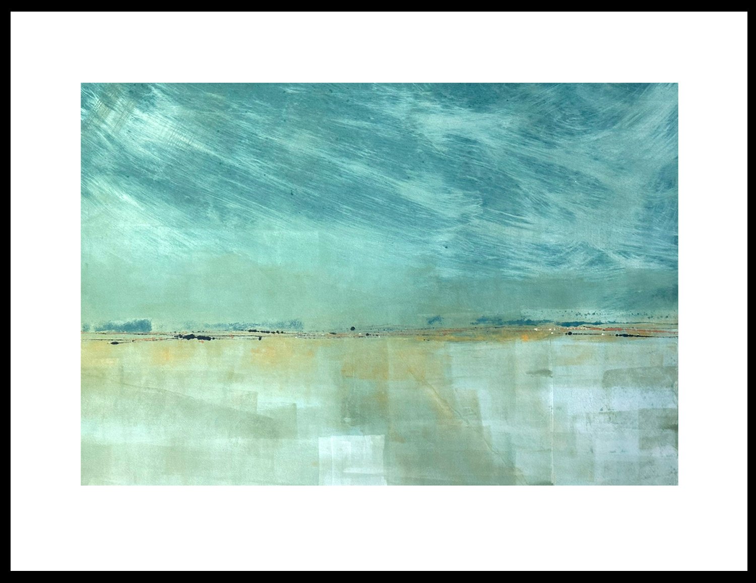    "Poetry in Silence"   is a monotype that captures the essence of quiet contemplation. A wash of soft blues and greens lays the foundation, like a calm ocean or peaceful sky at dusk. The interplay between the colors and lines creates a sense of qui