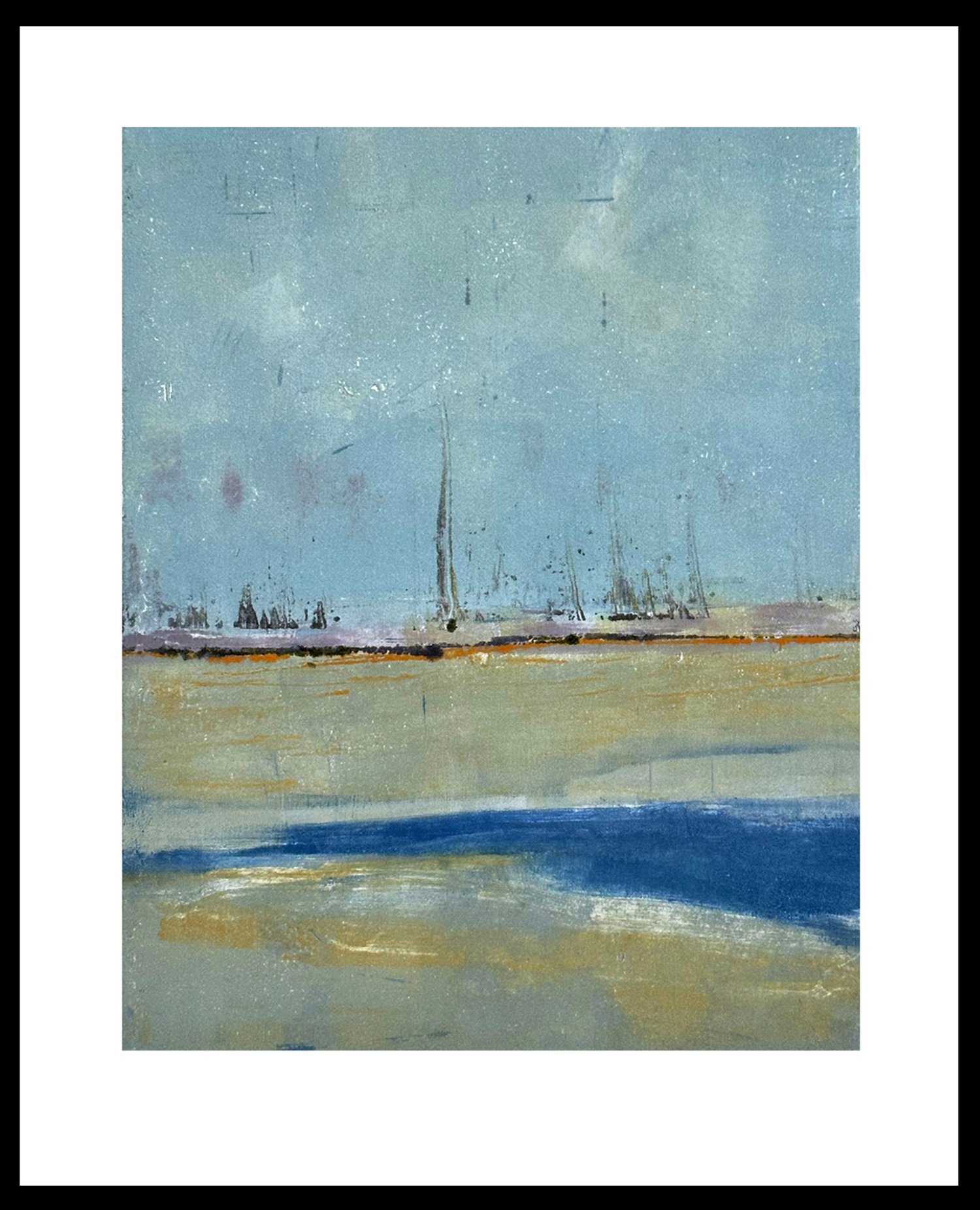    "In this River Port"    (plate size 10 x 8”, presented in black metal frame 16.75 x 14.25”) unfolds in a dance of abstract forms, hinting at boats of various sizes, bobbing on the distant water. This print captures the spirit of a lively port thro