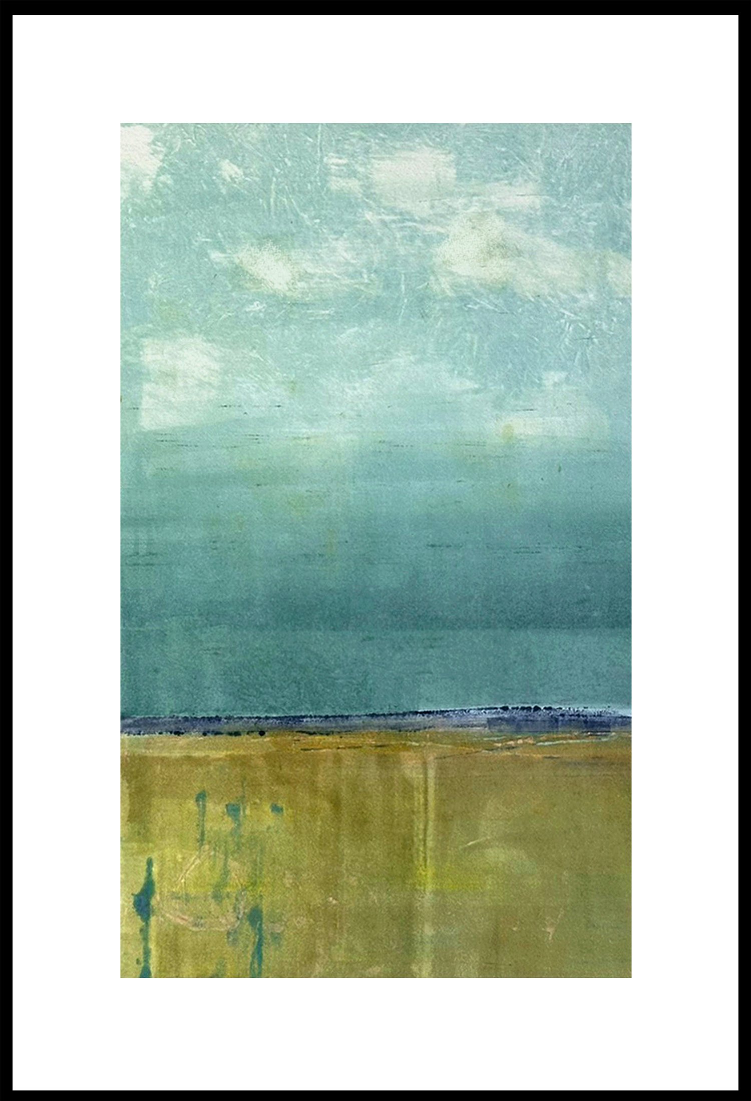   "Late Afternoon"  (image size 14.75 x 8.25”, presented in slim gold metal frame 20.5 x 12.75”). Awash in the warm glow of a late afternoon sun, this monotype captures the serenity of a rural landscape hinting at fields swaying in the fading light w