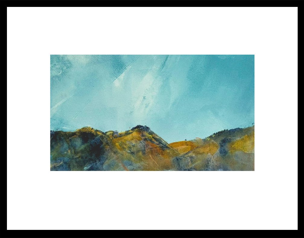    Across the Eons    Across the eons mountains stand as silent witnesses to the passage of time.  Monotype, 3.25 x 5.5” plate size, matted and presented in a black metal frame, 9.25  x 11”,  1/1    $195    Shipping and handling are not included in t