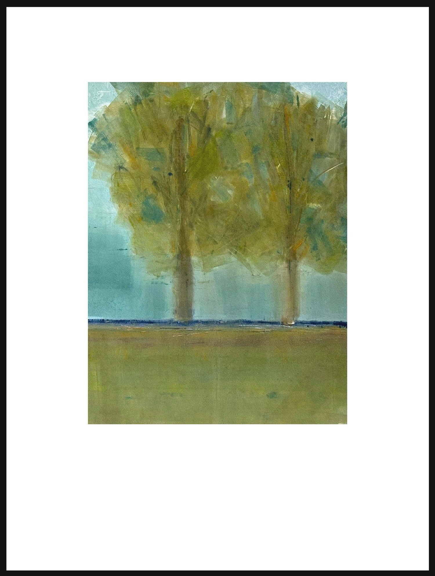 "Side by Side" (image size 12.5 x 9.25”,presented in a slim gold metal frame 24 x 18”x 12.75”) Unfolding like a nature haiku in muted tones two trees stand tall, the space between them hinting at a silent conversation. This one of a kind print inv