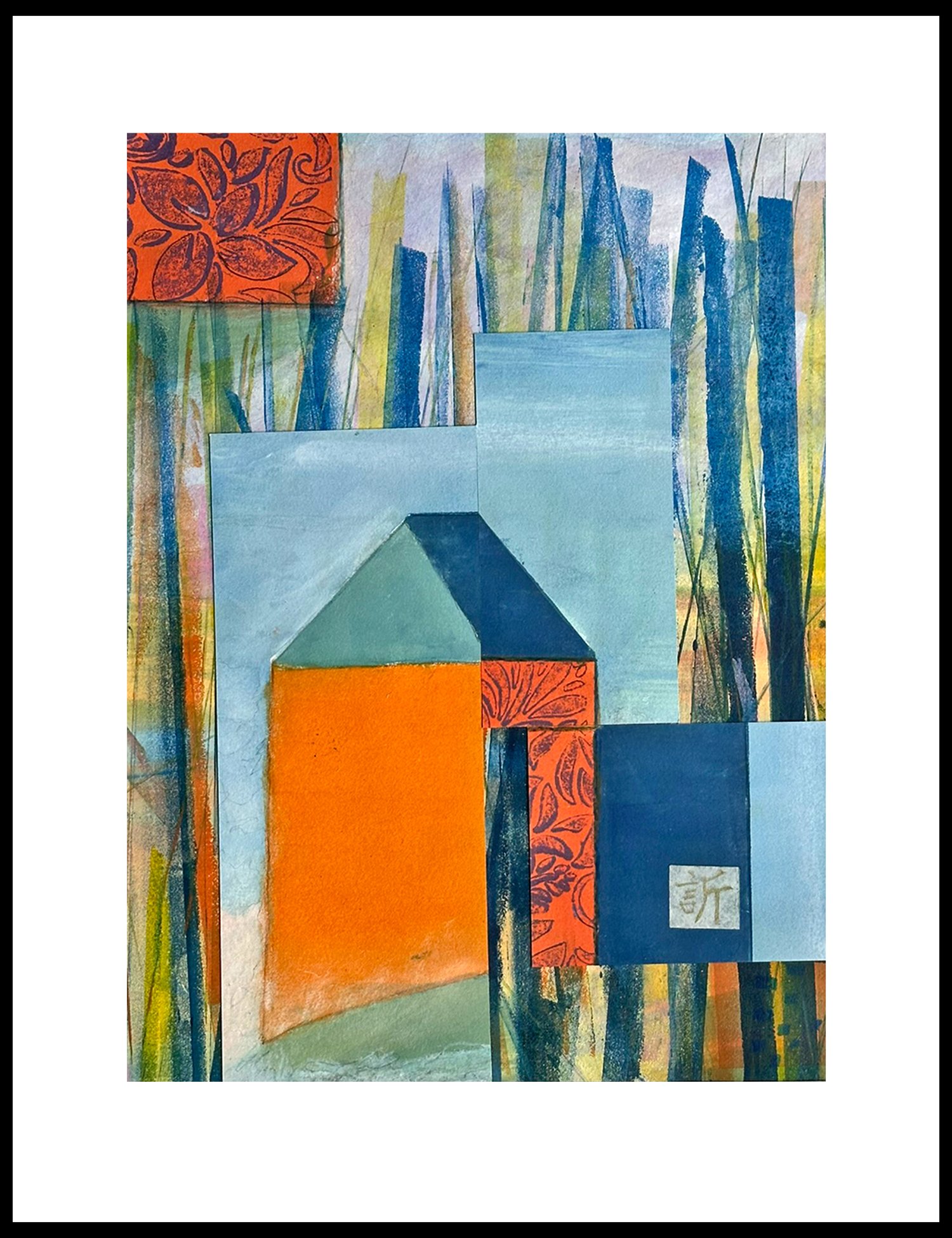 Curiouser and Curiouser (Image size 14.25 x 10.5”, gray wood frame 22.5 x 18.5”) is a whimsical monotype collage inspired by the magic of fairy tales. With its playful mix of shapes, lines, and colors, you’re invited to explore its imaginative l