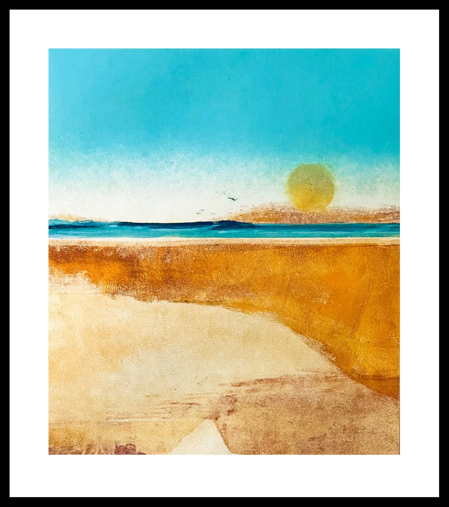 "Light on the Edge" Monotype | 1/1 Image size: 11 × 9.5” | Mat & Frame: 15 × 13.5” There’s something magical about the edge of the day or the edge of the world. Light on the Edge captures the golden hour by the water, or perhaps the exp