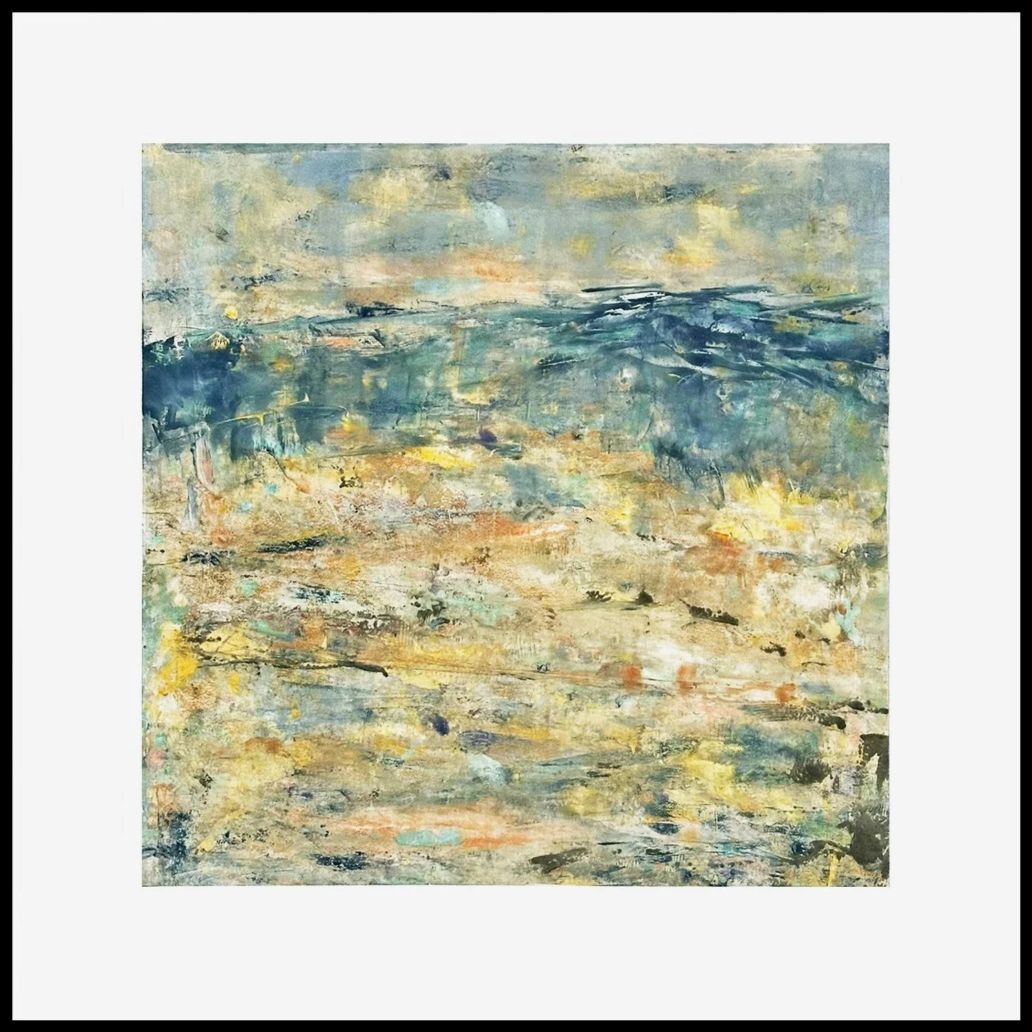 "Near Silence" Monotype with pencil | 1/1 Plate size: 15 × 15” | Mat & Frame: 22 × 21.75” Near Silence explores an in-between space - not a literal place, but a feeling. It’s less about where you are, and more about how it feels to be t
