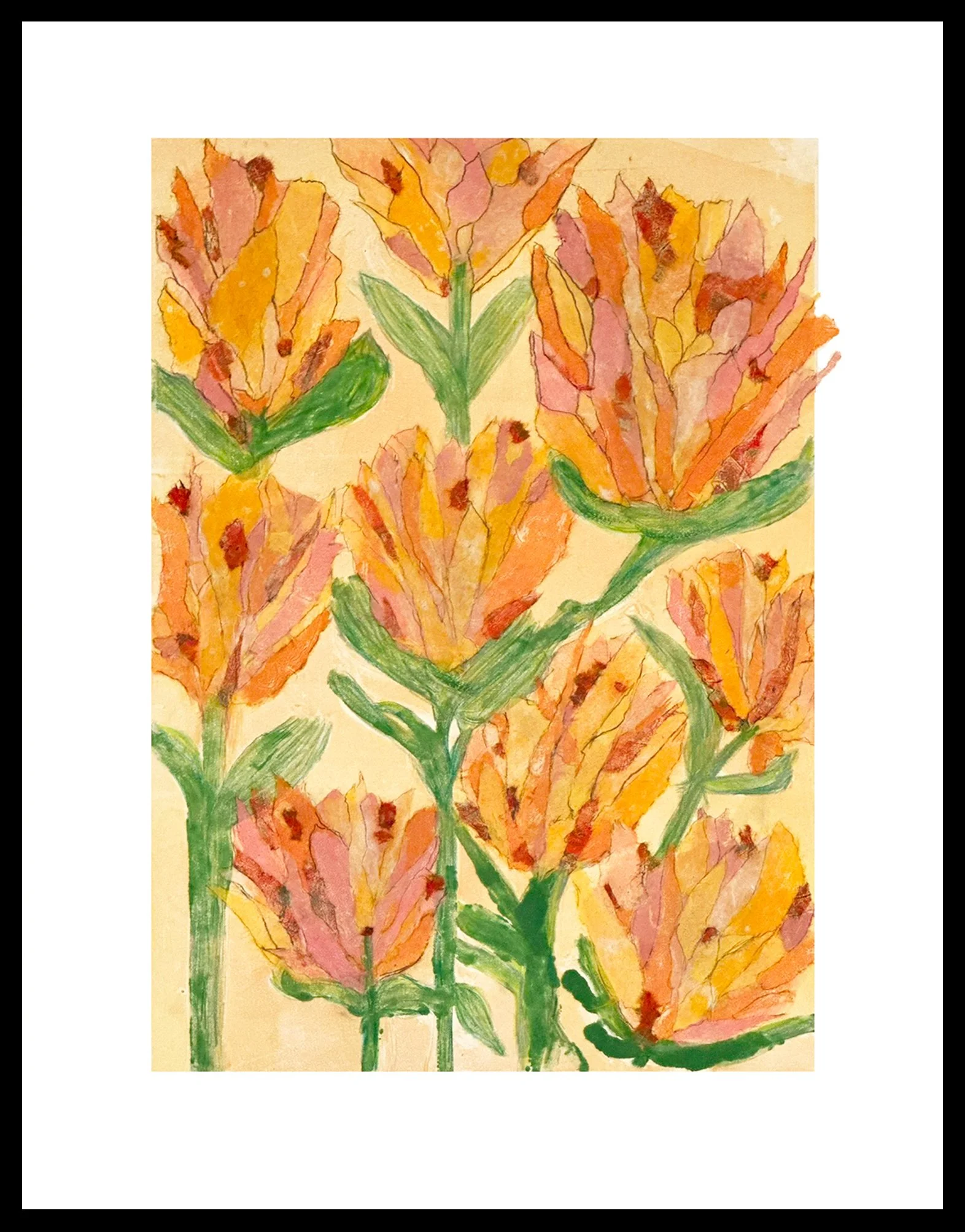 "In Bloom, a Song" Monotype with collage| 1/1 Plate size: 16×11” | Mat & Frame: 22 × 17” A chorus of blooms rises in joyful harmony. In Bloom, a Song invites you into a garden alive with color, rhythm, and warmth. Each flower feels as tho