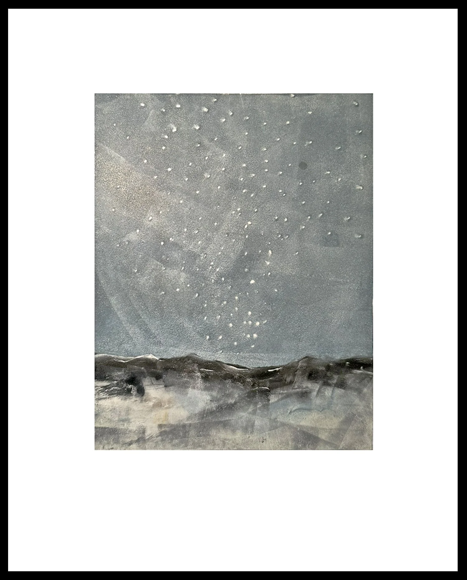   "The Stars Come Out to Play"   Monotype| 1/1   Plate size: 10 × 8” | Mat &amp; Frame 16.75 × 14.25”   In the fleeting hour, where earth and sky speak in whispers, the stars dance freely and the world is silent. There is a quiet joy in simply being 