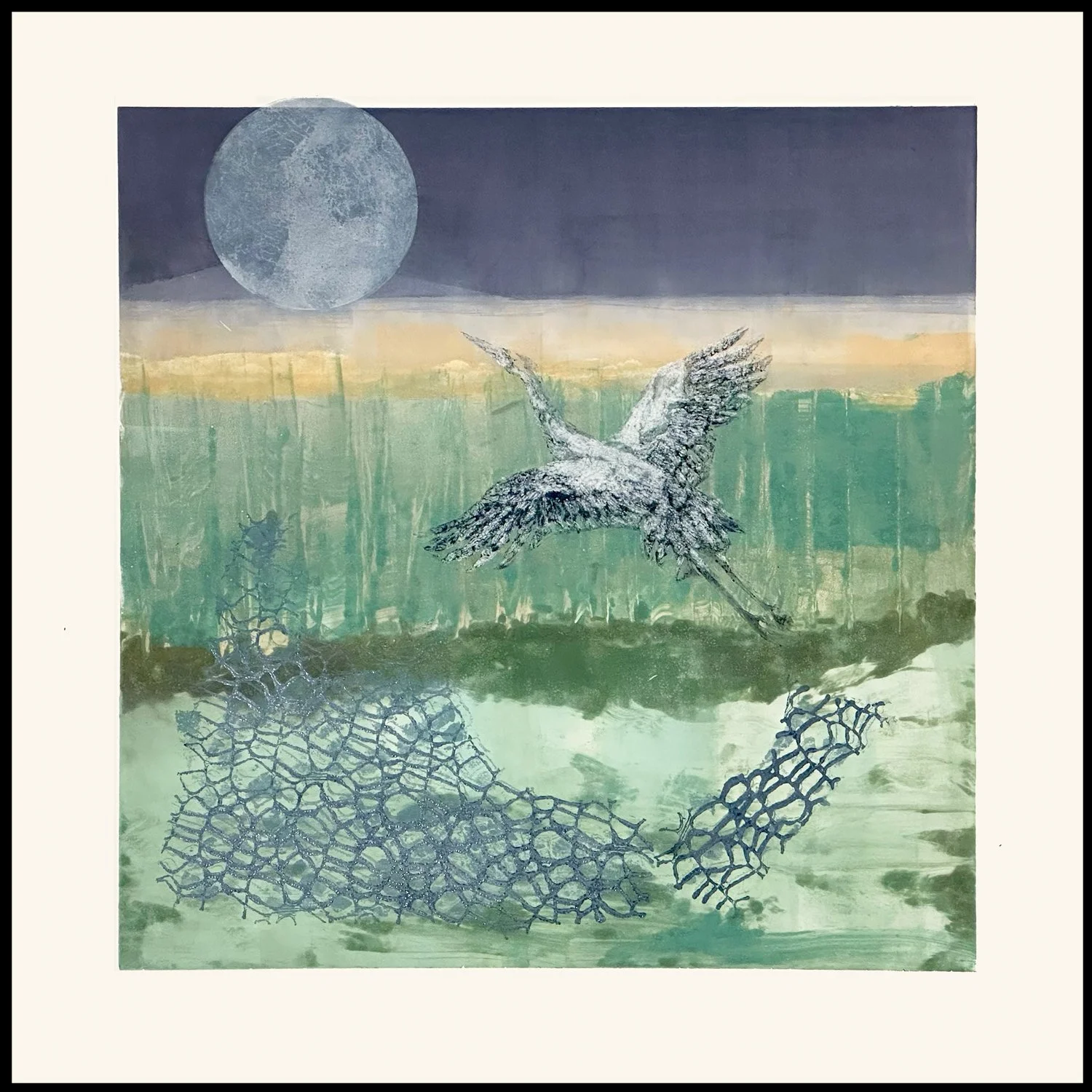   "The Breath Between"   Monotype, Collagraph | 1/1   Plate size: 16 × 16” | Double Mat &amp; Frame: 25.25 × 25”   There’s a moment here, quiet and held — the soft lift before motion returns. This piece carries the hush of an inward breath, a stillne