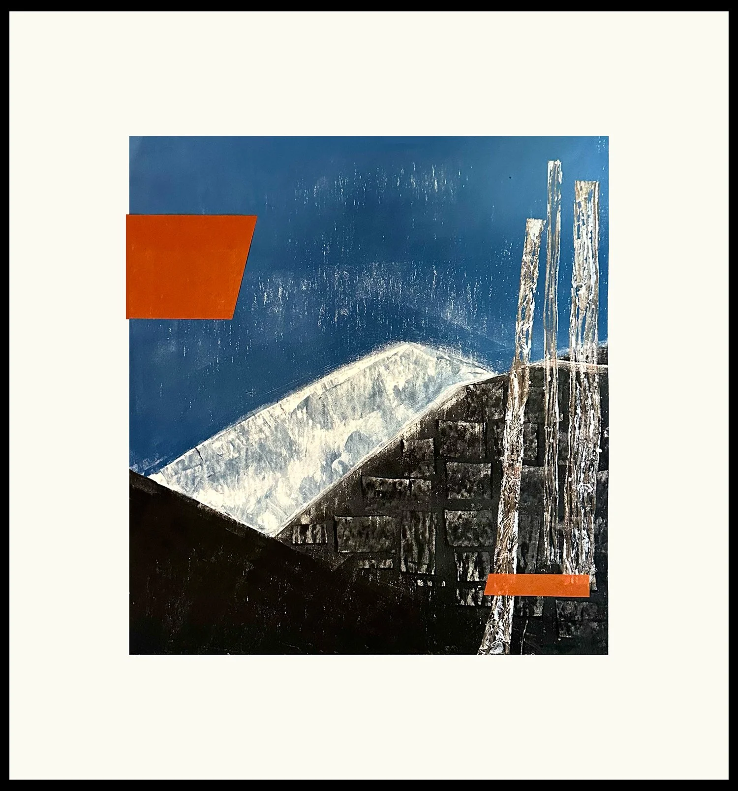   "Under the Wild Blue"   Monotype with Collage | 1/1   Plate size: 21.5 × 20” | Mat &amp; Frame: 30 x 28”    Under the Wild Blue  rests in an unhurried calm — cool, open, and still. It feels like the moment when the world widens, breath settles and 