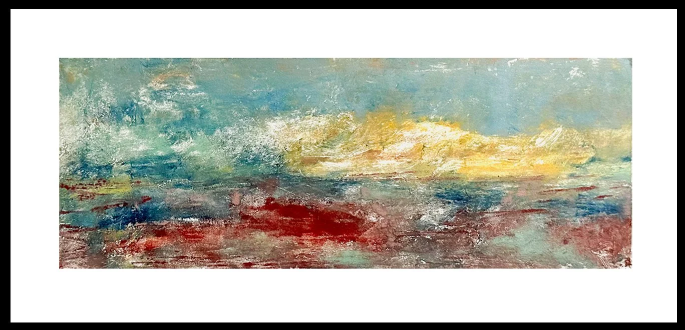   "The Weight of Light"  Collagraph | 1/1 Plate size: 5 × 13.25” | Mat &amp; Frame: 11.75 x 20”  There’s a quiet tension in  The Weight of Light , brightness gathering and settling at once — a luminous stillness where the air feels full and time open