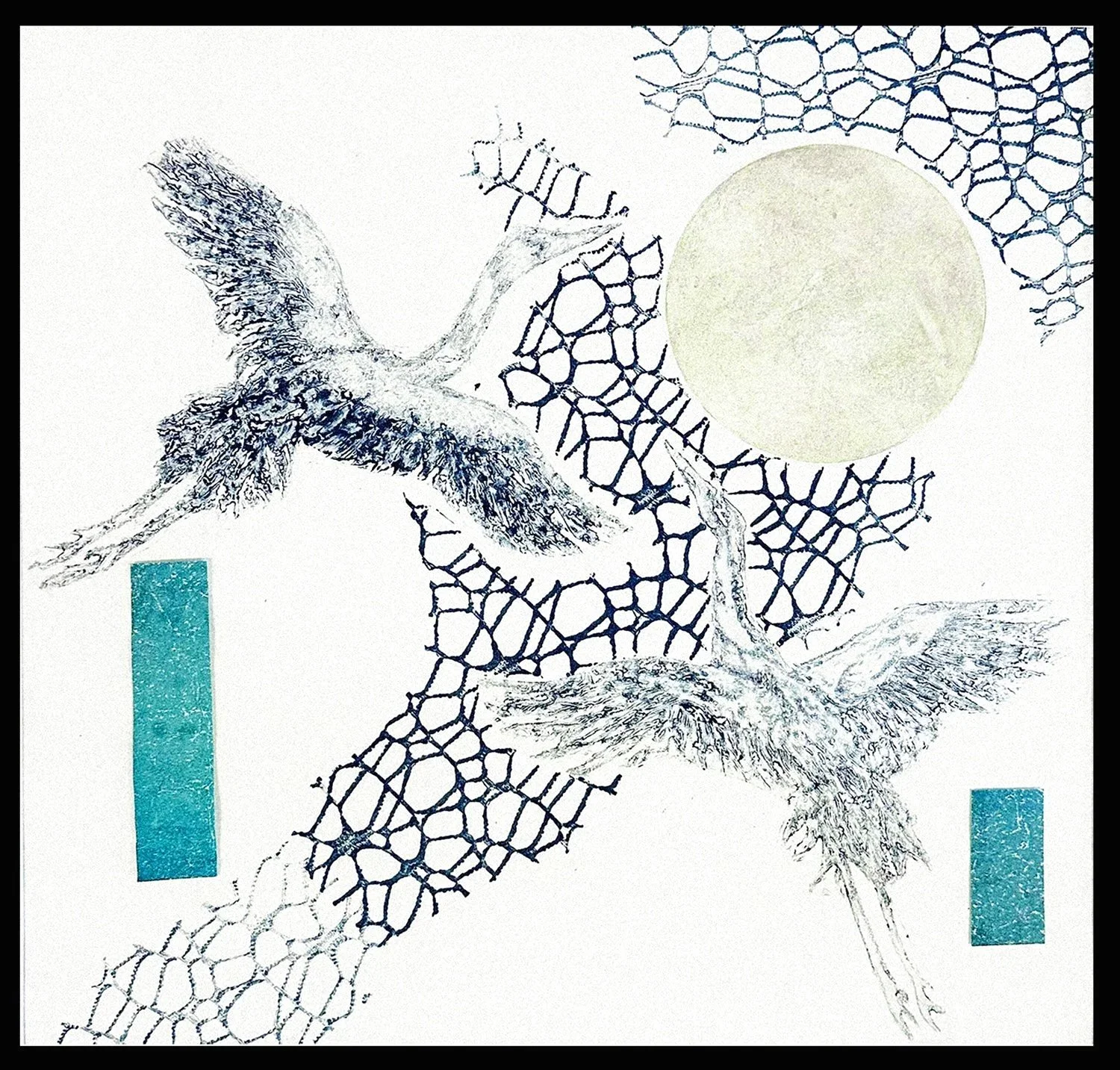   "The Winged Crossing"   Collagraph, Collage | 1/1   Image size: 16.5 × 16.5” | Mat &amp; Frame: 19.75 × 19”   Two paths meet in a shared current of air — a near‑touch that feels like recognition. This piece holds the quiet strength of an easy drift