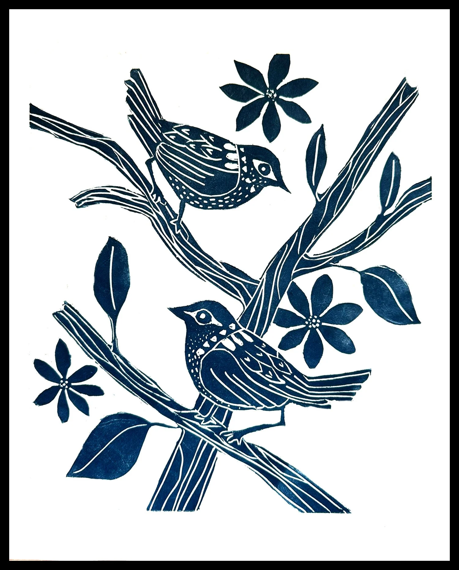   "Meet and Tweet"   Linocut | Edition of 3   Plate size: 10 × 9” | Mat &amp;Frame: 15.5 × 13”    $250  