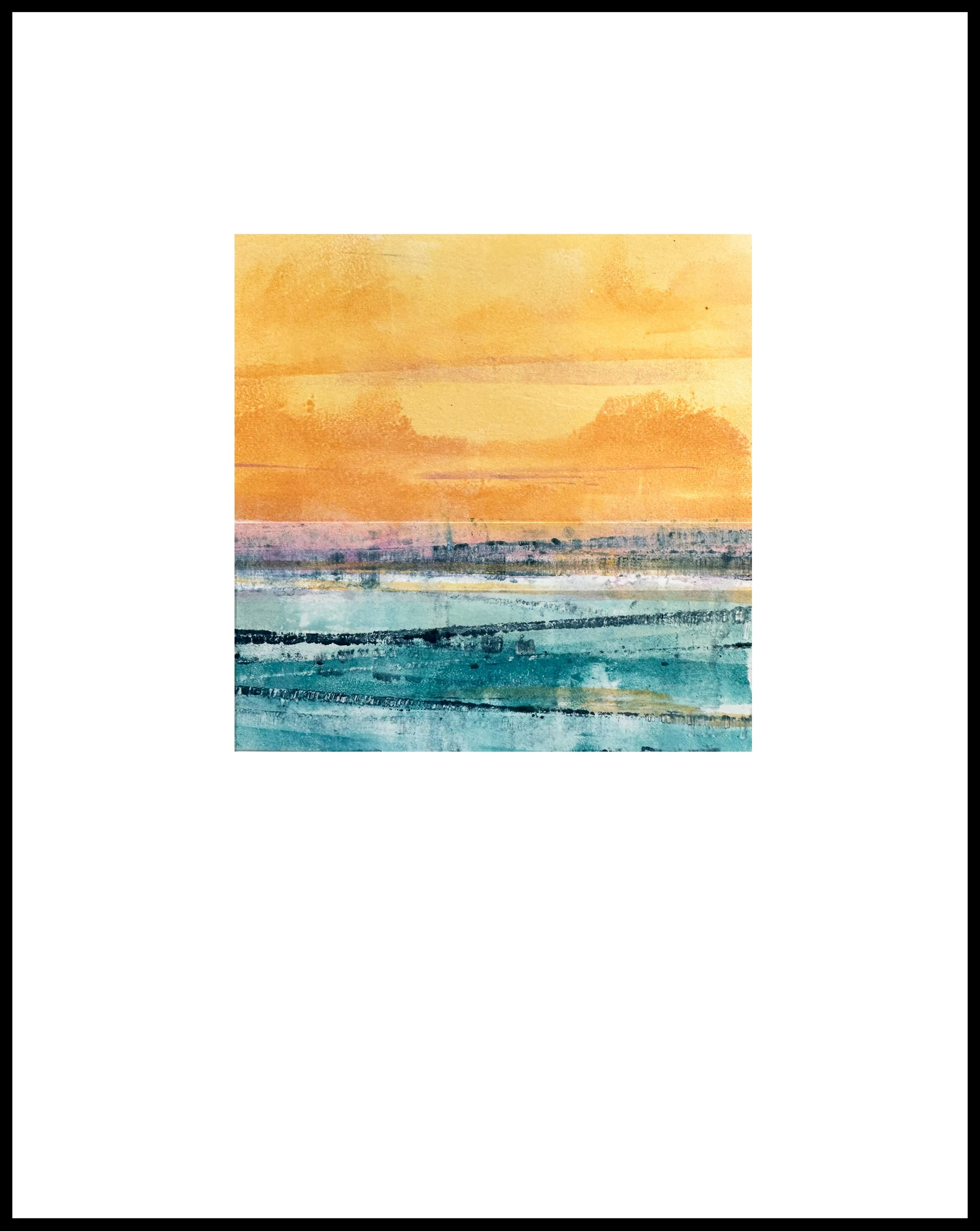   "A Quiet Escape"   Monotype| 1/1   Plate size: 4.5 × 4.5” | Mat &amp; Frame: 11.25 × 10.25”    A Quiet Escape  is a serene monotype that captures the peaceful memories of a beach trip, the gentle warmth of the sun and the soothing rhythm of the wav