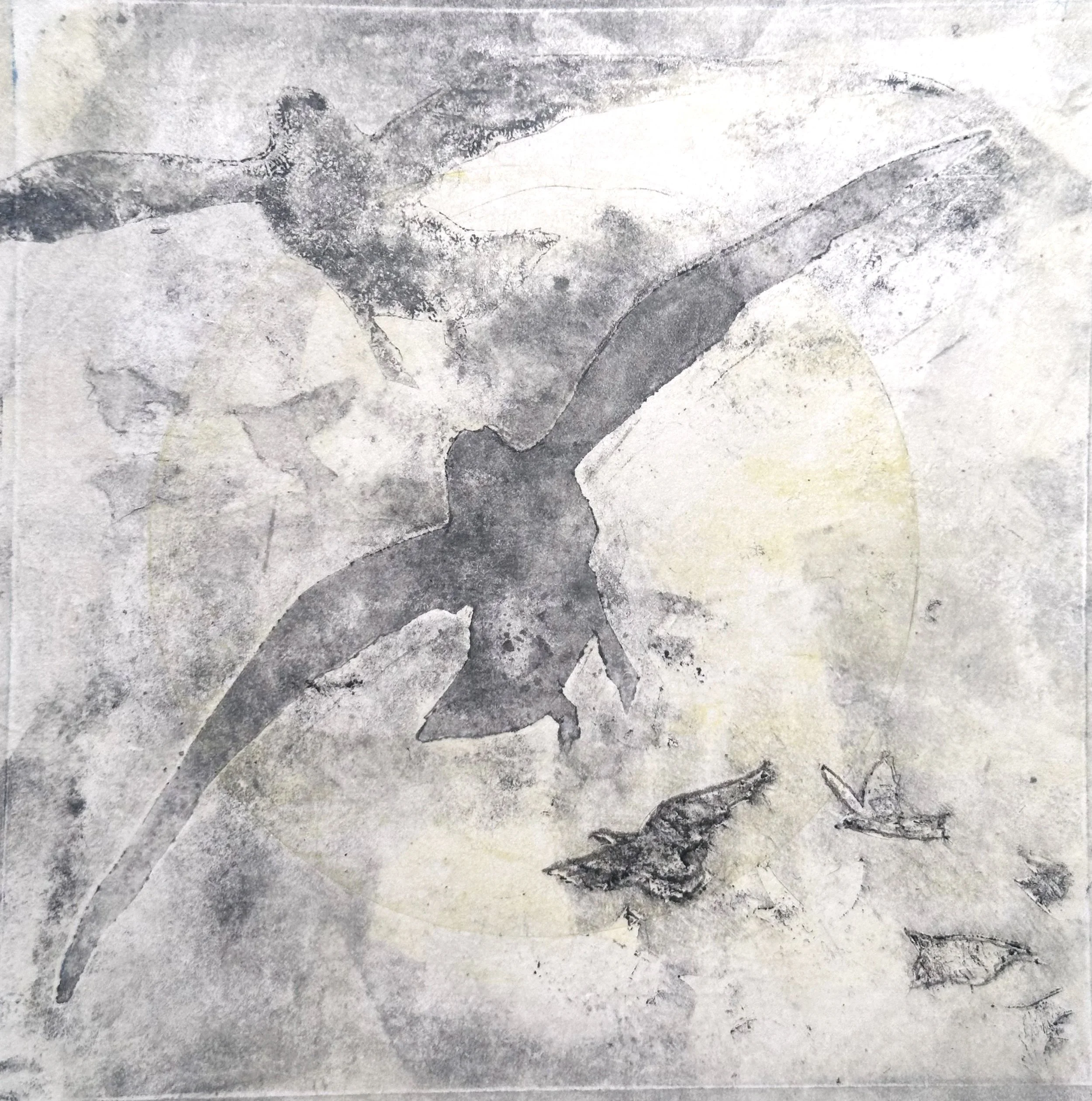   "Fly Me to the Moon"   Monotype  with Chine Colle | 1/1   Plate size: 6× 6” | Distressed Cream Wood Frame 8.75 × 8.75”   A wish in motion - rising to the moon’s pull.   $125   Shipping and handling are not included in the cost of the artwork.    Pl