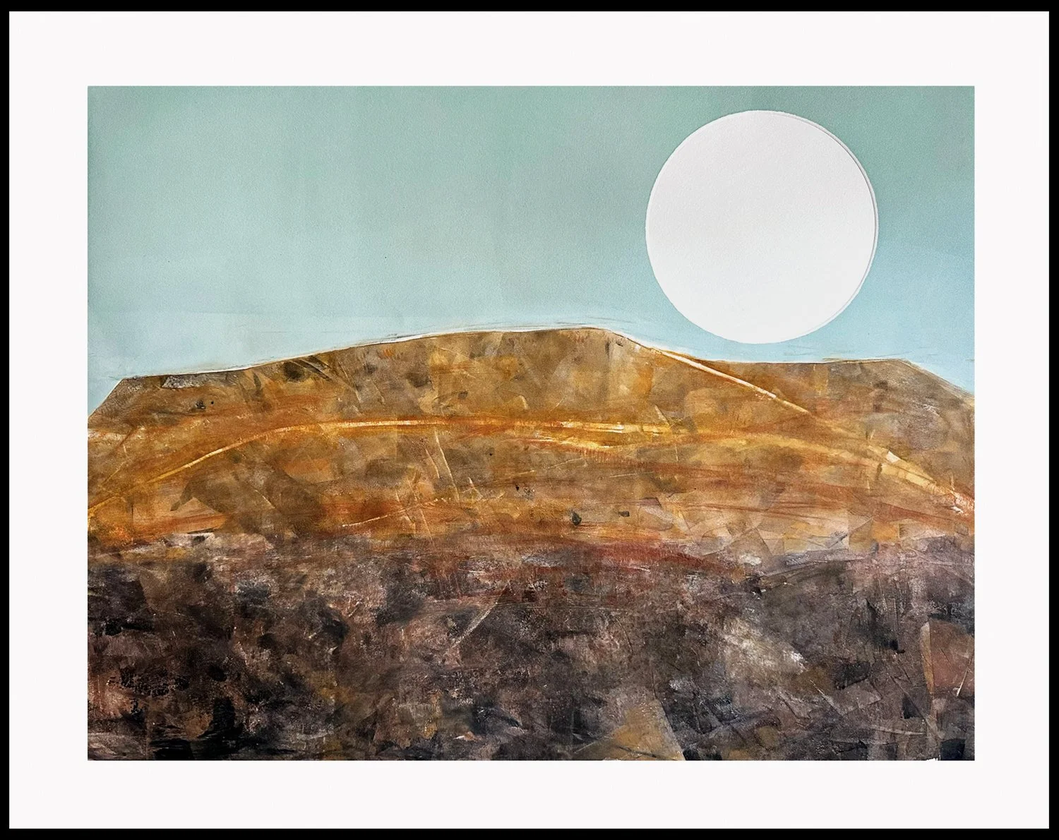   "Holding On to Wonder"   Monotype | 1/1   Plate size: 18 × 24” | White Mat &amp;German silver metal frame 31 x 25.75”    Holding on to Wonder  leans into stillness — the spaciousness of sky, the warmth of earth, and the sense of wonder we try to ho