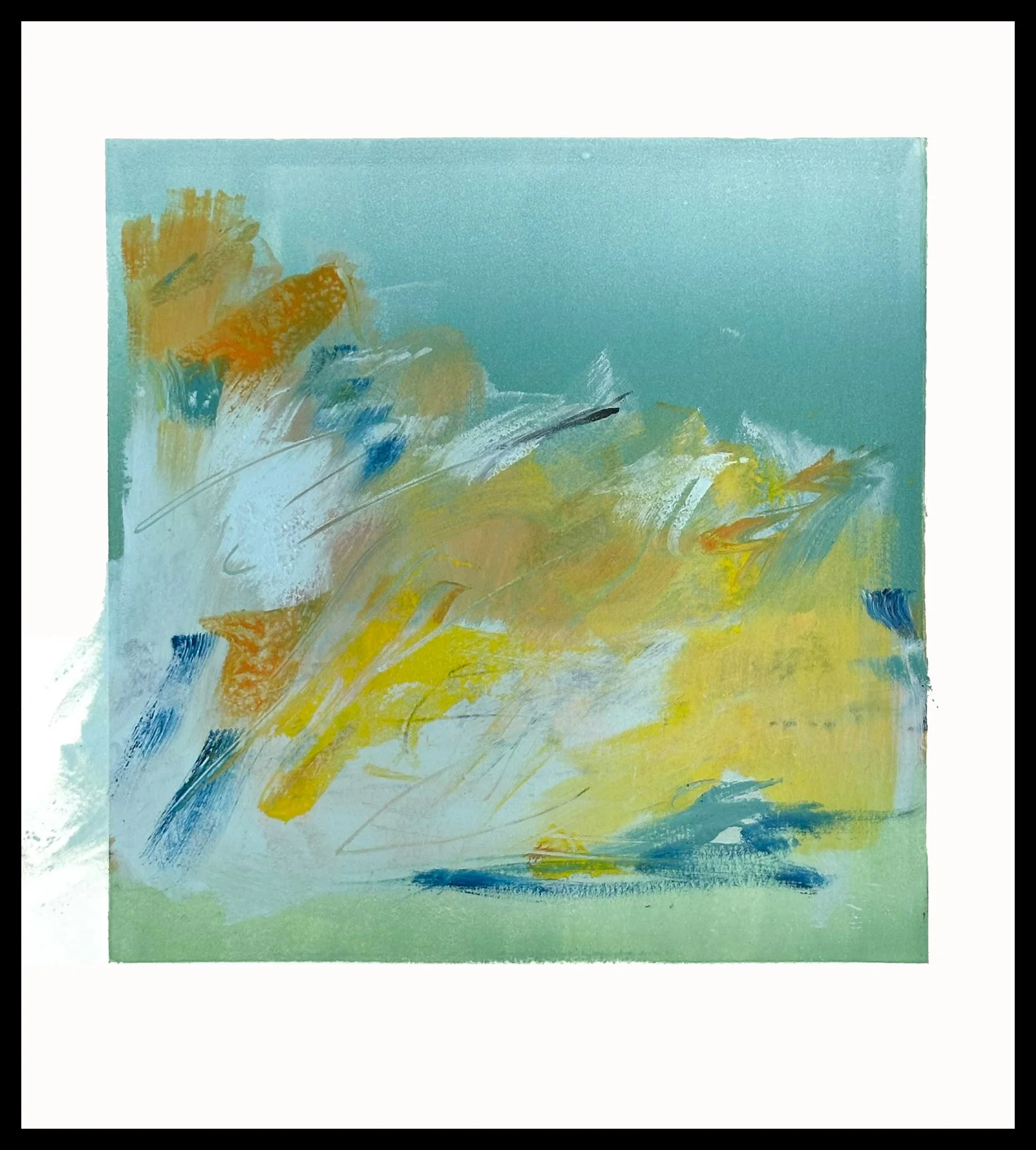   "The Shape of Air"   Monotype | 1/1   Plate size: 6 × 6” | Mat &amp; Frame 11.5 x 11”   A colorful monotype, "The Shape of Air” invites you to linger in the intangible, where color becomes air and air becomes a moment held in ink.   $285   Shipping