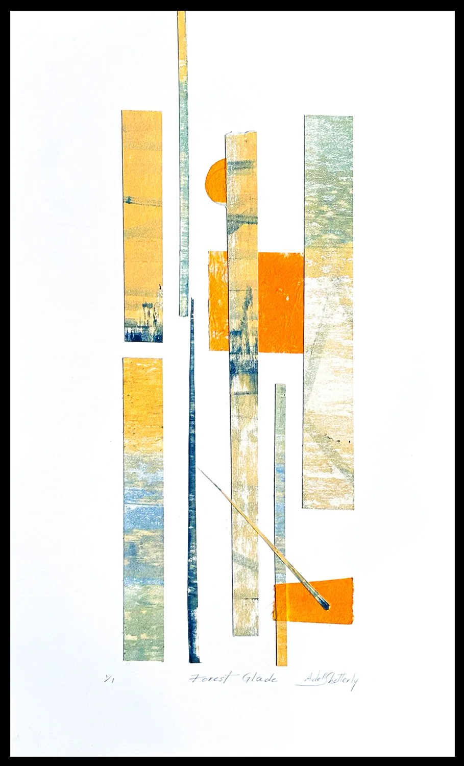   "Forest Glade"   Constructed Abstraction | 1/1   Image size: 19.75 × 11.75” | Top mounted white mat &amp; German silver metal frame 24.75 x 16.75”    Forest Glade &nbsp;layers warm, vertical elements to suggest the feeling of trees and filtered lig
