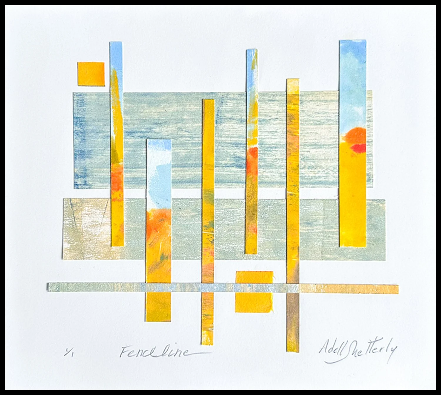   "Fenceline"   Constructed Abstraction | 1/1   Image size: 9 × 8” | Top mounted white mat &amp; German silver metal frame 13.625 x 12.5”    Fence Line &nbsp;arranges color and texture into a steady, repeating structure—an abstract rhythm that hints 