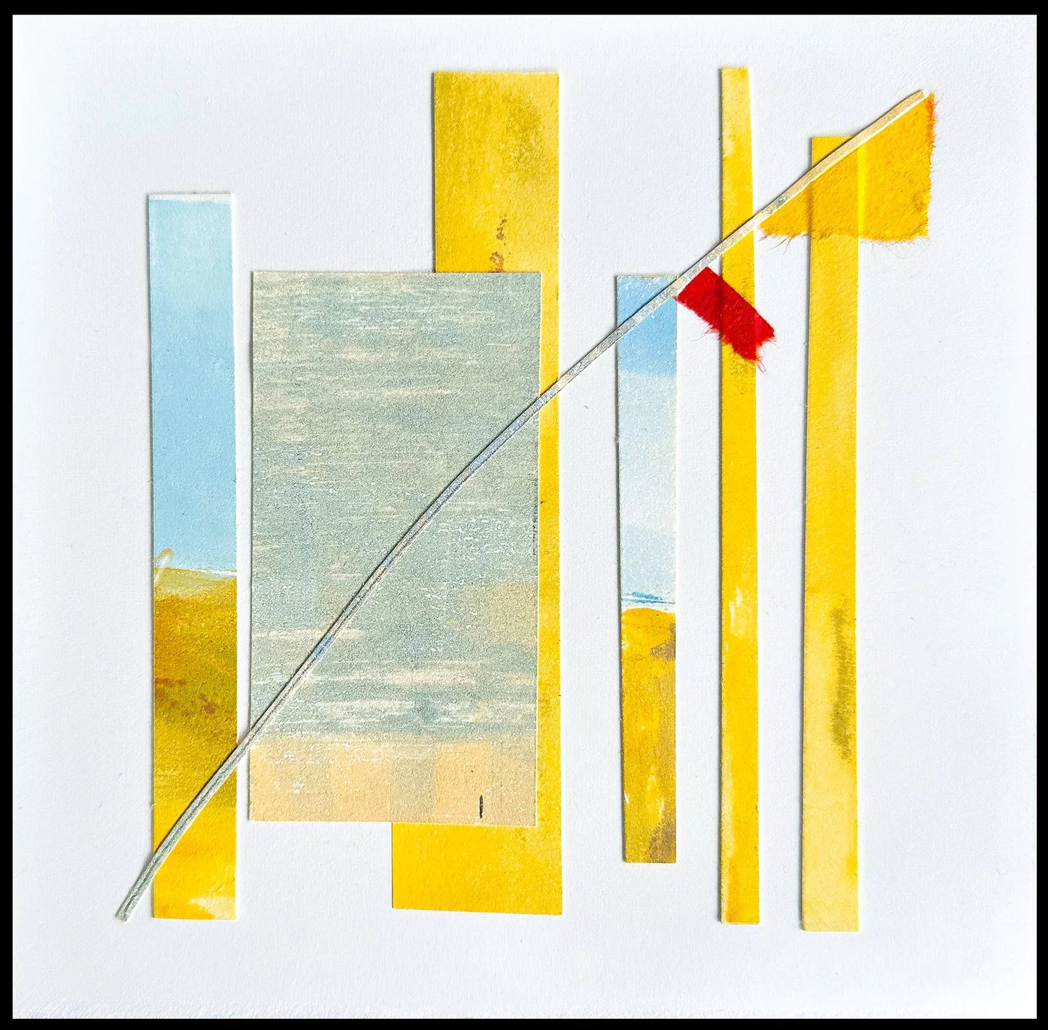   "Sky Line"   Constructed Abstraction | 1/1   Image size: 6 × 6” | Top mounted white mat &amp; German silver metal frame 10.5 x 10.5”    Sky Line &nbsp;brings vertical forms and a sweeping arc together to create lift, openness, and horizon—an abstra