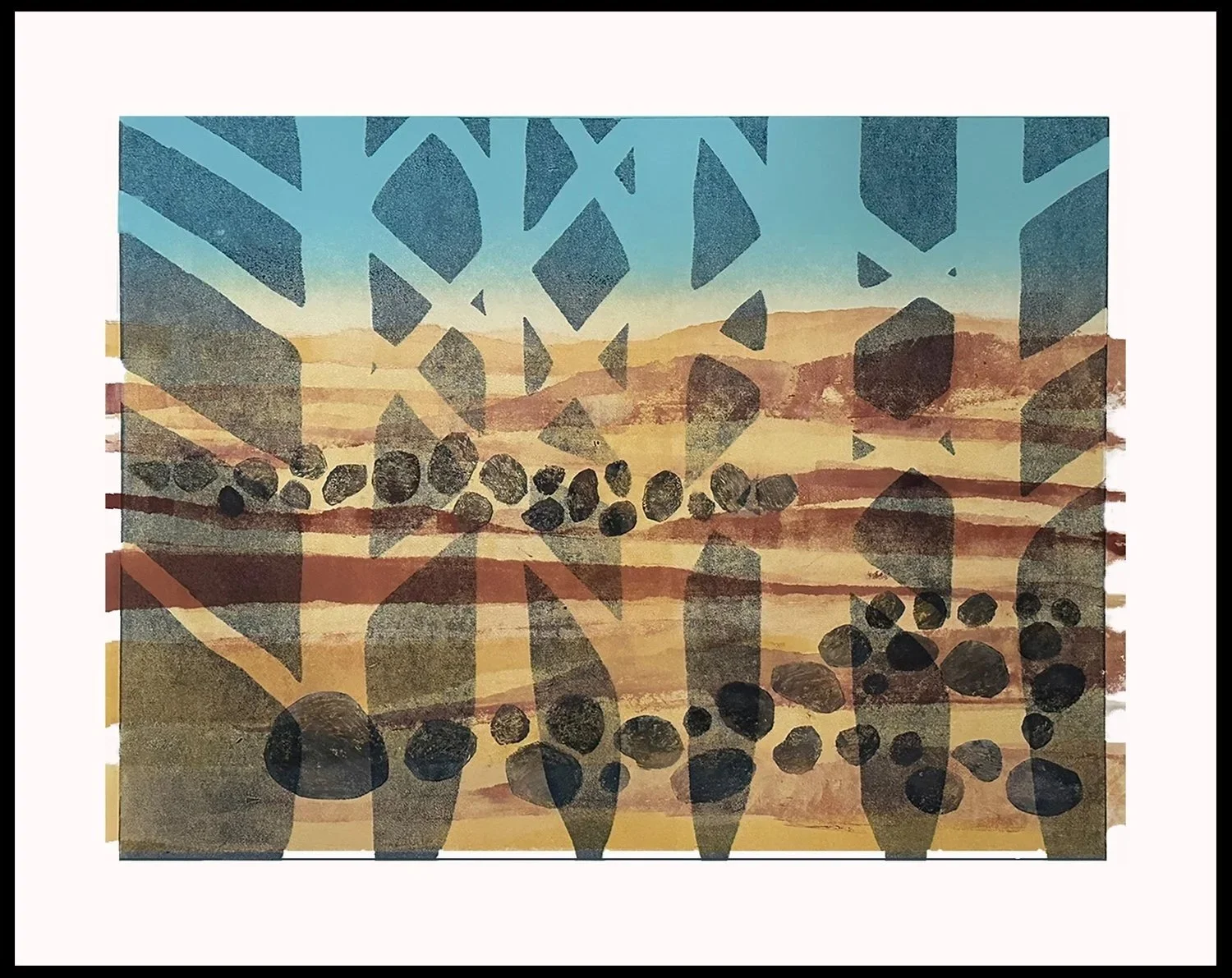   "Echoes of the Land: Roots of Tomorrow"   Monotype| 1/1   Plate size: 18.25 × 25” | Double Mat &amp; Frame 28 x 33”   "Echoes of the Land, Roots of Tomorrow”connects us to a wider story – the silent narrative of how nature takes root over time, tra