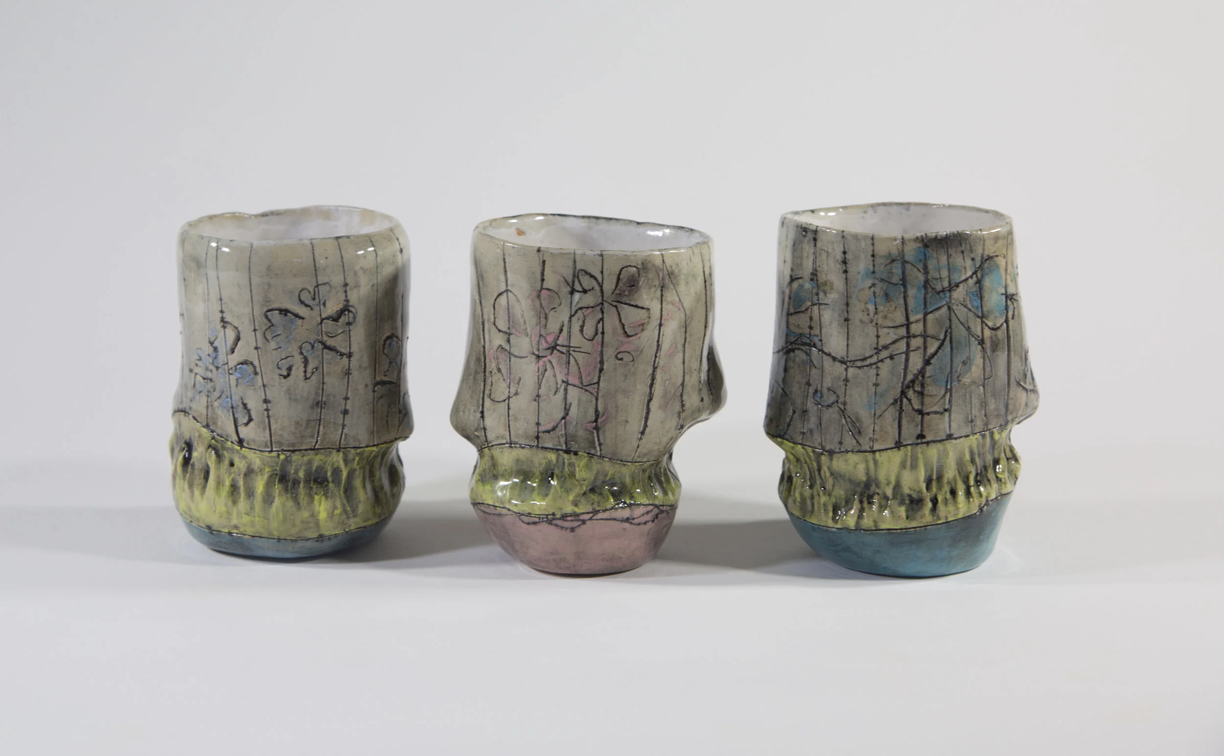 Tricolor Cup Series 2018 Glazed ceramic cup in middle: 4”h x 4.5”w x 10”d