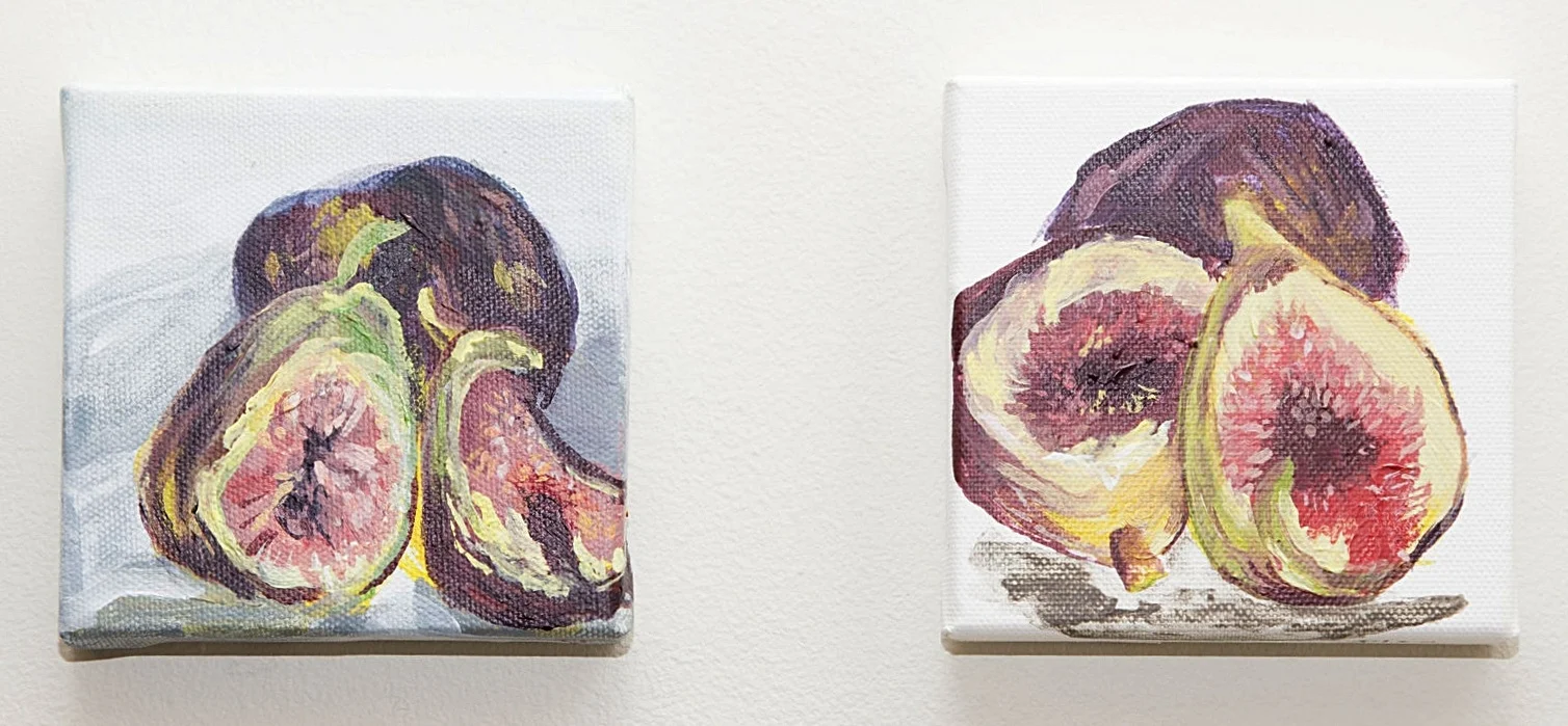 Installation shot left: Fig on Blue right: Fig Study 2015 Acrylic on canvas 4"x4" photo credit: Erin Henry