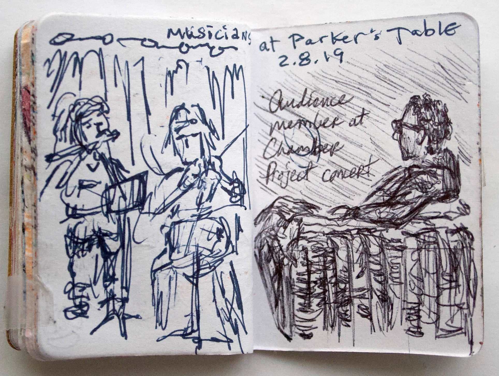 Musicians at Parker’s Table February 2019 Pen on paper 2.33”x3.32”