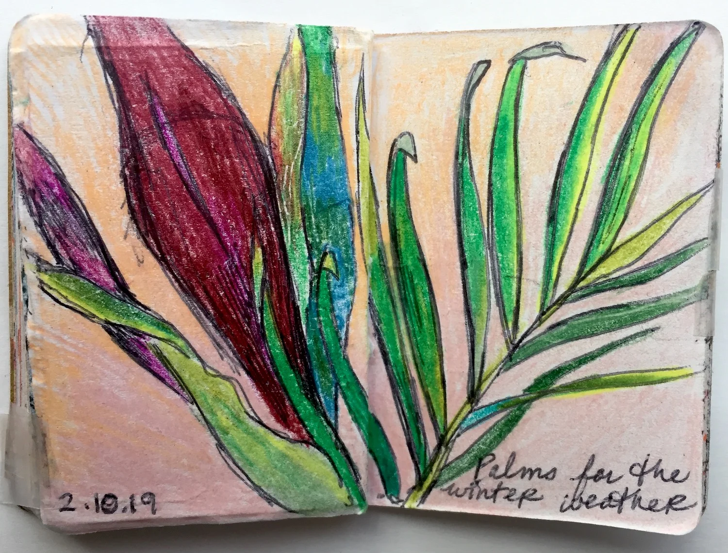 Palms February 2019 Pen and colored pencil on paper 2.33”x3.32”