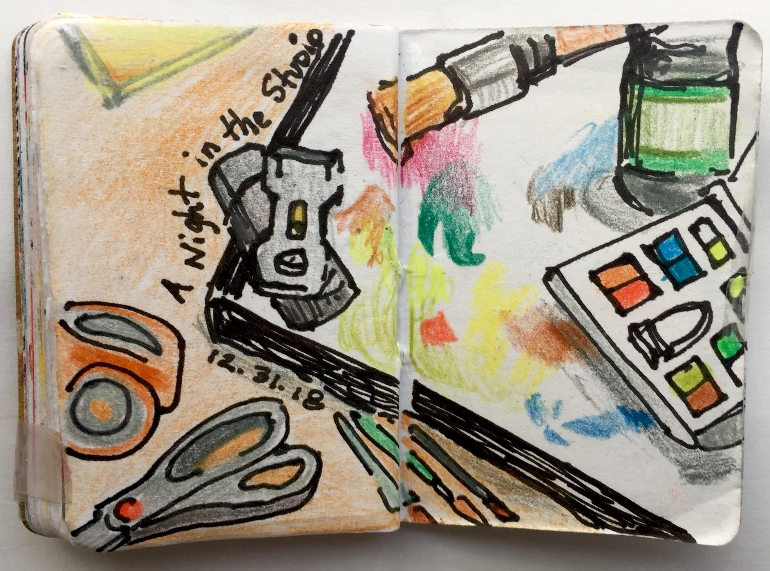 A Night in the Studio December 2018 Pen and colored pencil on paper 2.33”x3.32”