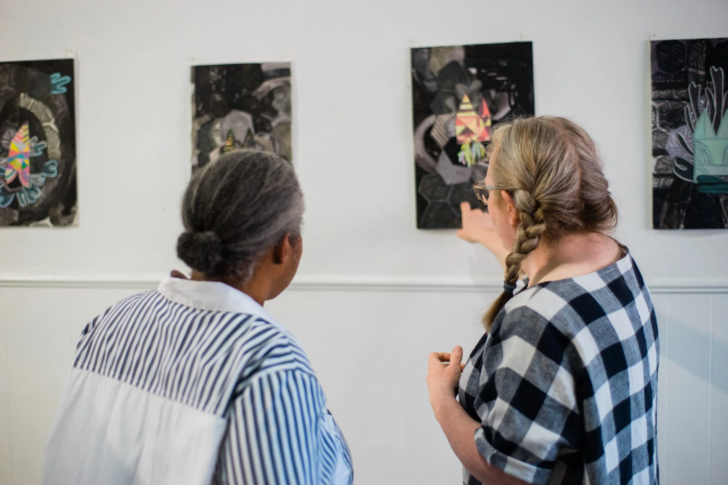  Coral Green Reception Saturday, April 13, 2024   Life Within Shadow, 2nd Iteration , Sukanya Mani   Black Hole Avoidance Protocol,  Janice Wallace   Photo credit: Carly Ann Faye 