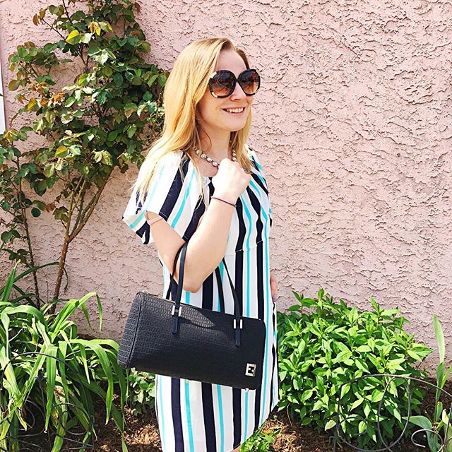 It's the season of stripes and off the shoulder dresses! Pick up this adorable NWT 19 Cooper dress size XS for $42.95, paired with a @fendi bag for $175.95, and these @chloe round sunnies for $68.95 ☀️ all available at our Bryn Mawr location!