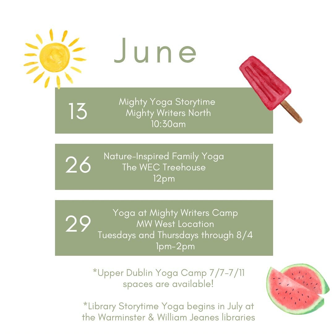A lighter June schedule of public classes after a very busy spring! 

We&rsquo;ll still be in camps and early childhood programs AND Summer Storytime Yoga starts in July! 📚 

☀️ Mighty Storytime Yoga is open to anyone and their kiddos 0-5.
📍 Mighty