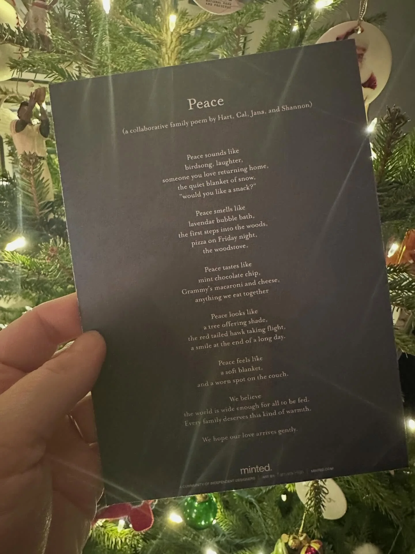 In lieu of holiday photos, my family wrote a poem together this year 💕 We&rsquo;ll see you in 2026! 

Peace
(a collaborative family poem by Jana, Shannon, Hart, and Cal)

Peace sounds like
birdsong, laughter,
someone you love returning home,
the qui