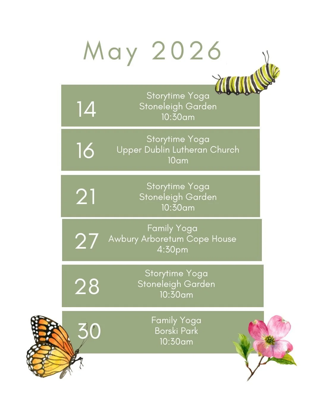 Outdoor Yoga season is here and we can&rsquo;t wait to practice with you and your kiddos! 

Stoneleigh: Storytime Yoga in the Garden 
🗓️ Thursdays, May 14, 21, 28, and June 4th
⏰ 10:30am
📍 Stoneleigh, 1829 E. County Line Rd., Villanova 
*Register t