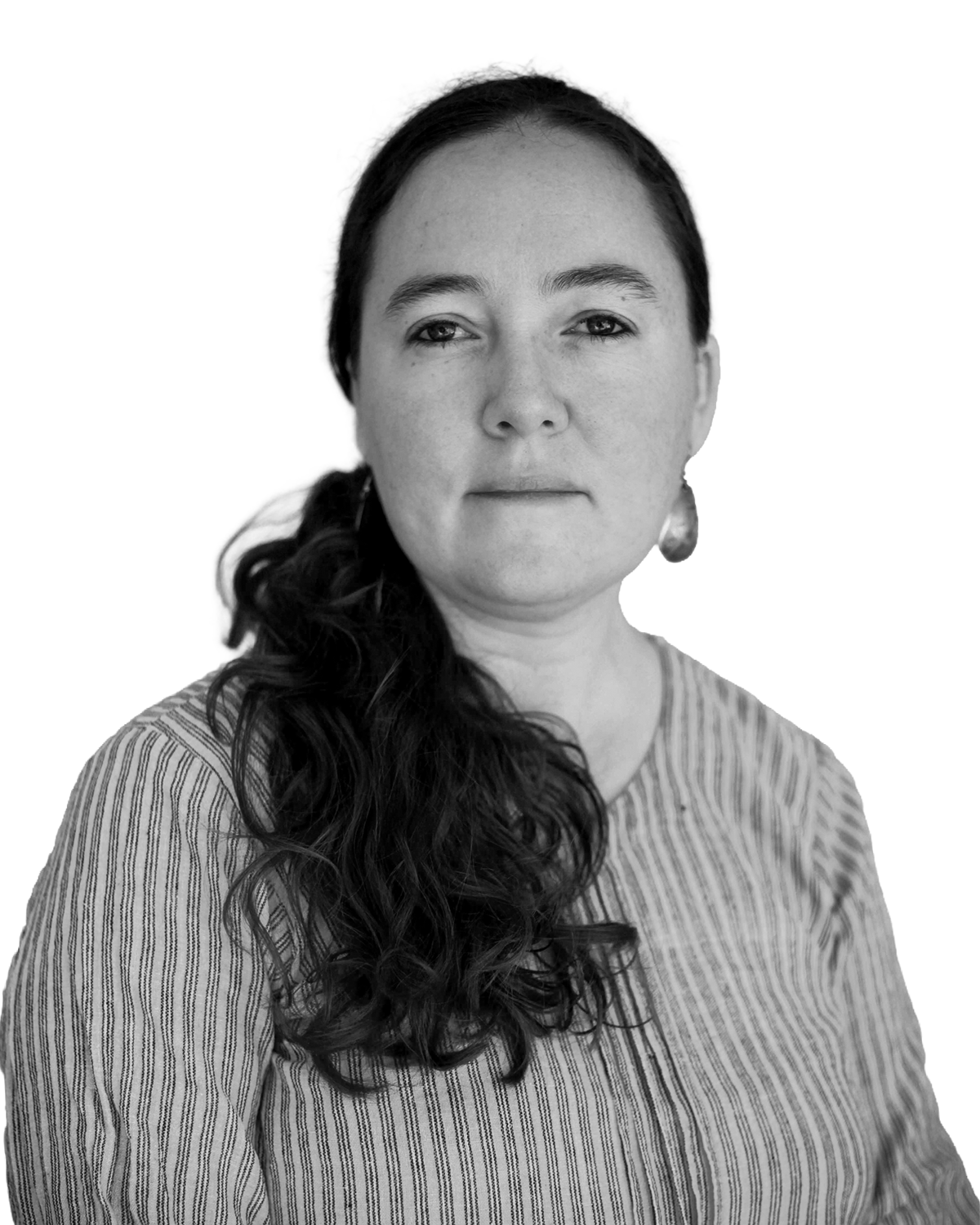 Black and white portrait of Mae Thornton Mehra, facing forward with a calm expression, isolated on a transparent background, representing a producer and creative partner at an award-winning film production company.