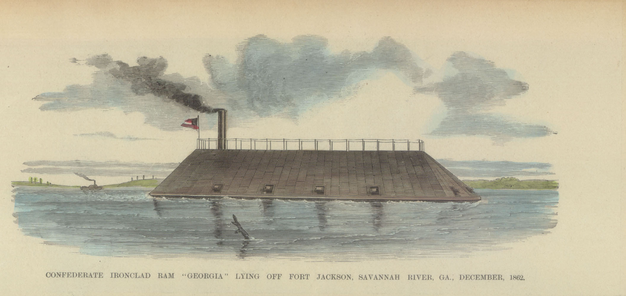 Above: An illustration of the CSS Georgia in its glory. The ship was too heavy to move in the water so it was permanently anchored at the entrance of the Savannah river to fire upon Union Ships.