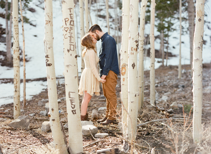 snowy aspen trees engagement session